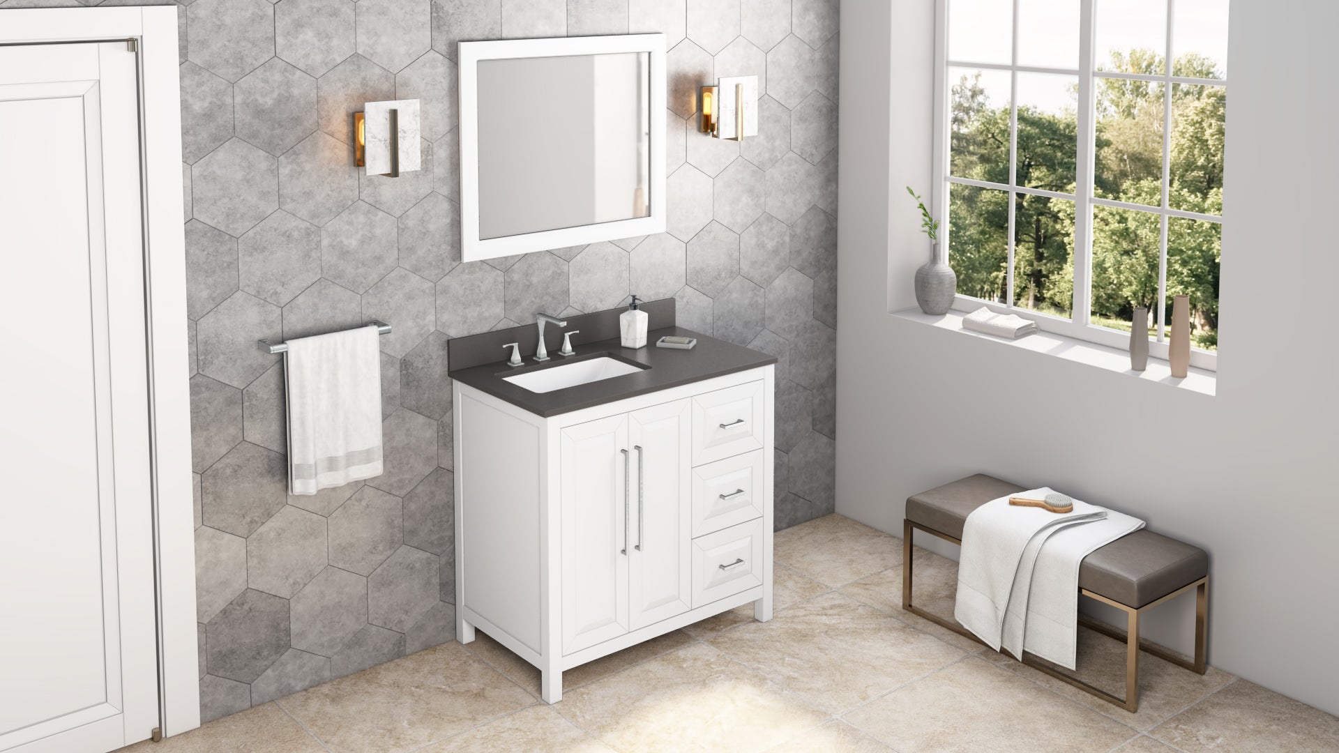 36" White Cade Vanity, left offset | KitchBath