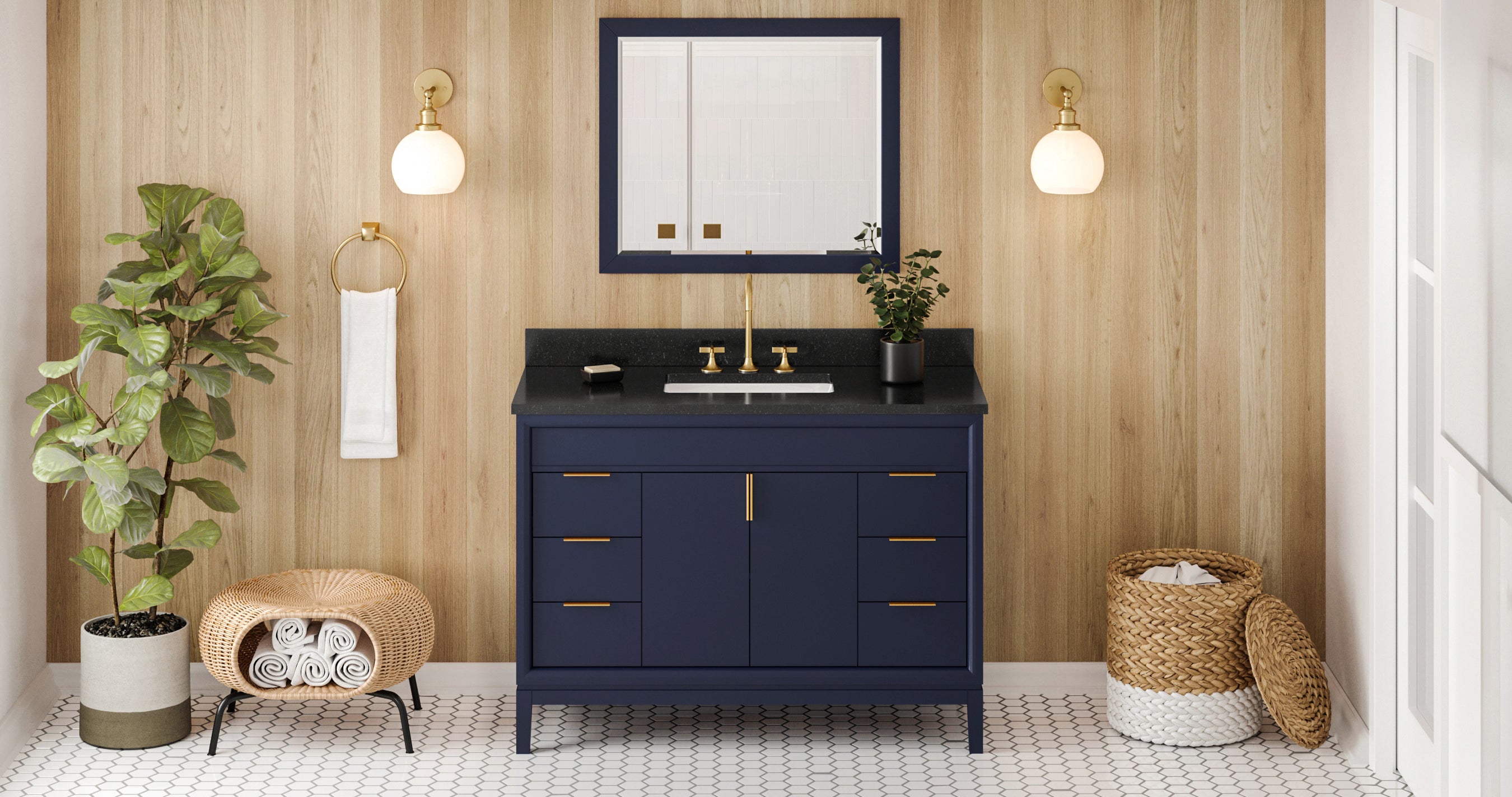 48" Hale Blue Theodora Vanity, Black Granite Vanity Top, undermount rectangle bowl | KitchBath