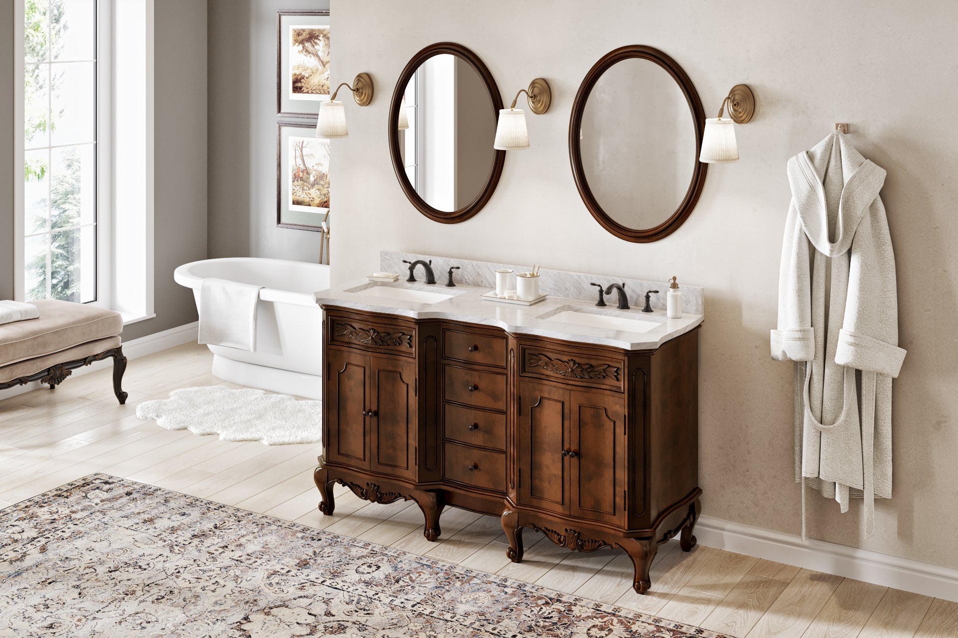 60" Nutmeg Clairemont Vanity, double bowl | KitchBath