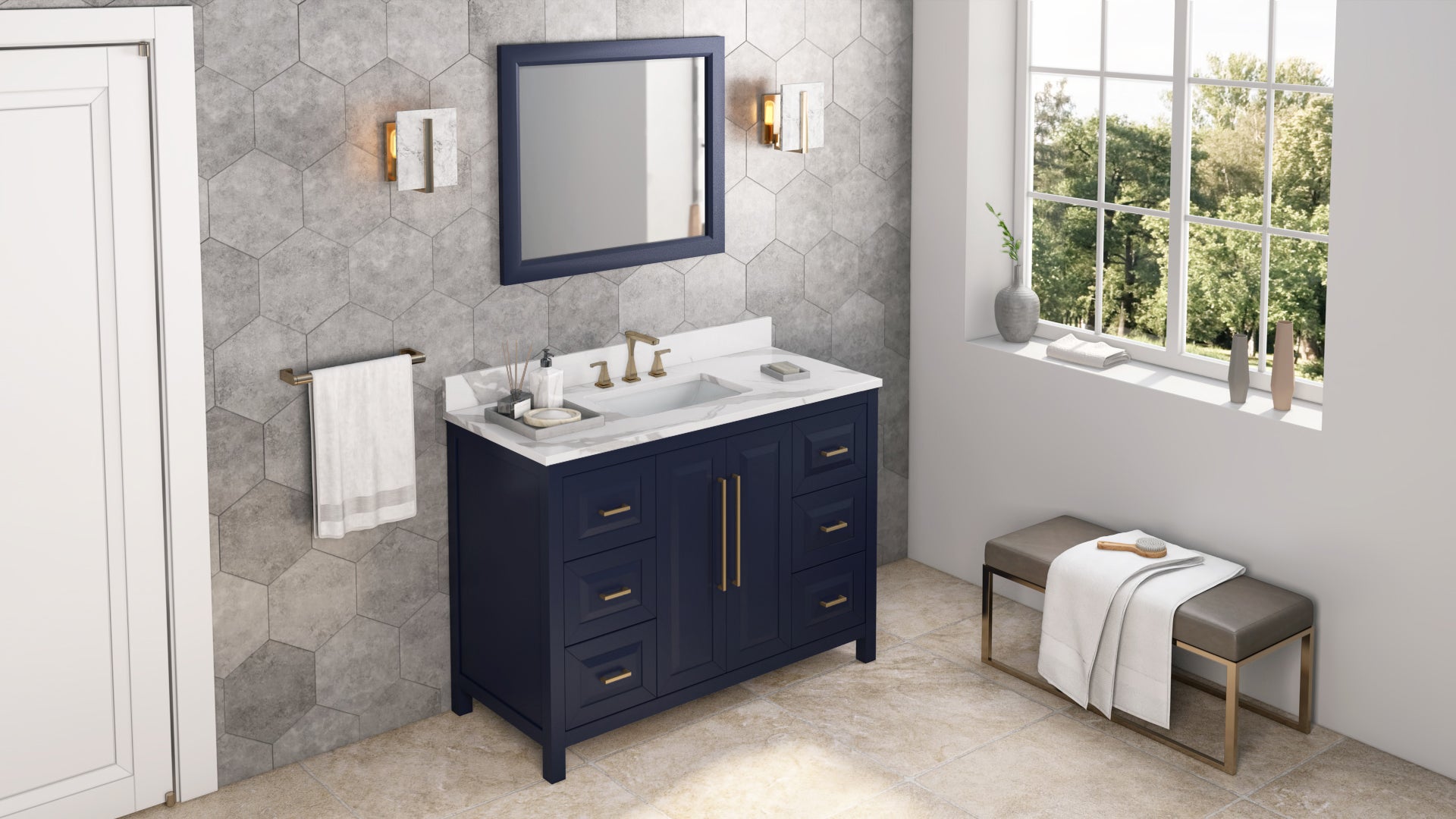 48" Hale Blue Cade Vanity, Calacatta Vienna Quartz Vanity Top, undermount rectangle bowl
