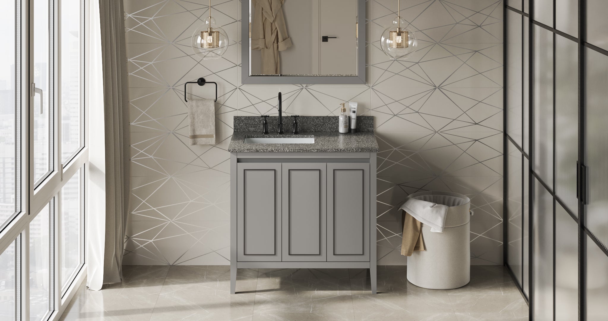 36" Grey Percival Vanity, left offset, Boulder Vanity Cultured Marble Vanity Top, undermount rectangle bowl | KitchBath