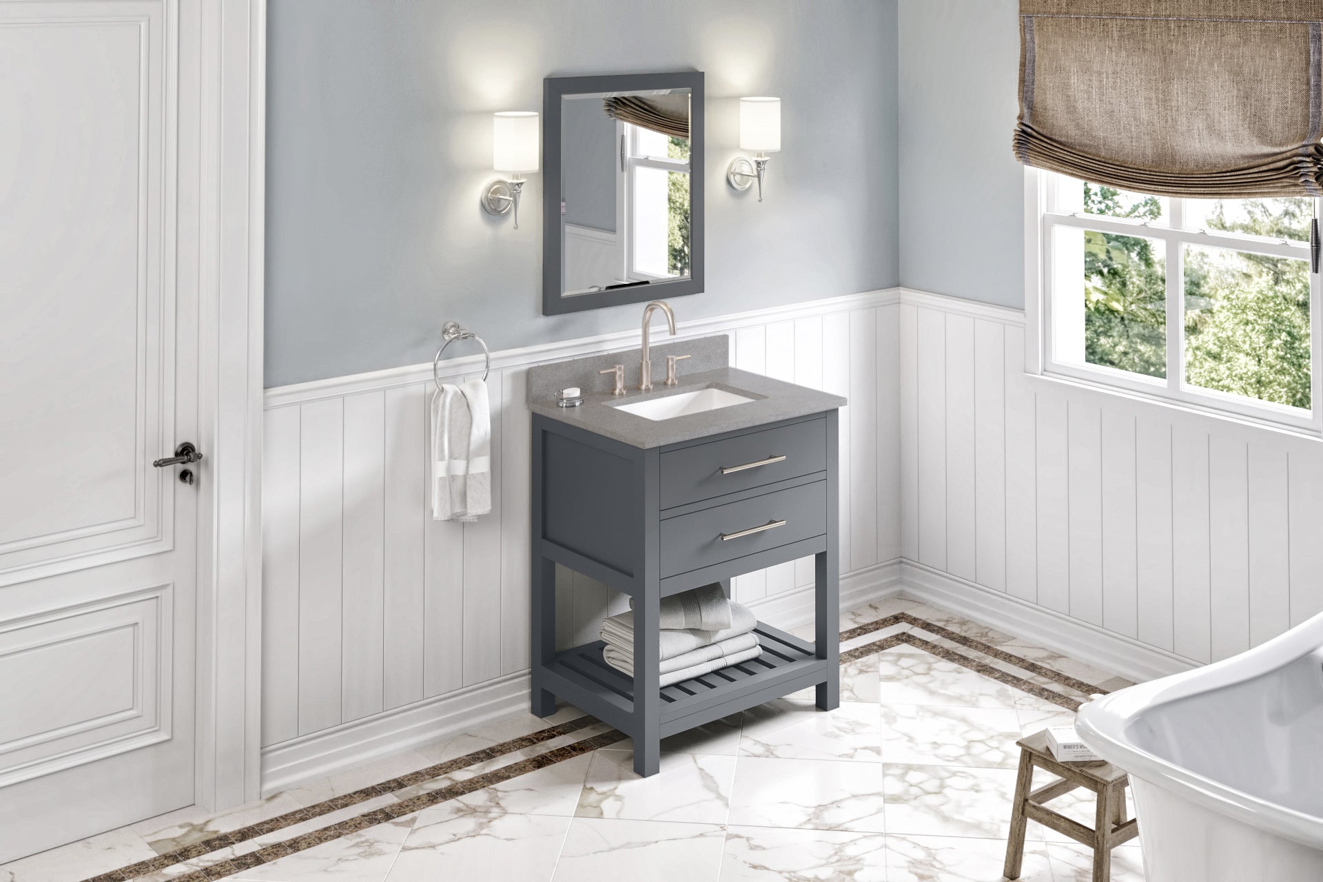 30" Grey Wavecrest Vanity, Steel Grey Cultured Marble Vanity Top, undermount rectangle bowl