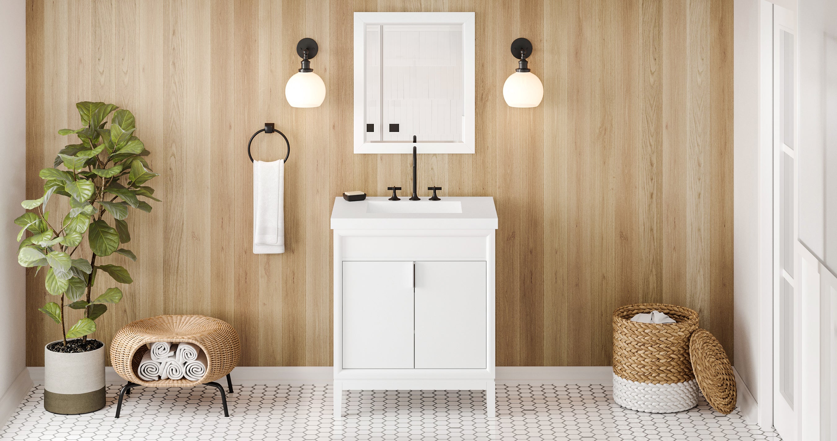 30" White Theodora Vanity, Lavante Cultured Marble Vessel Vanity Top, integrated rectangle bowl | KitchBath