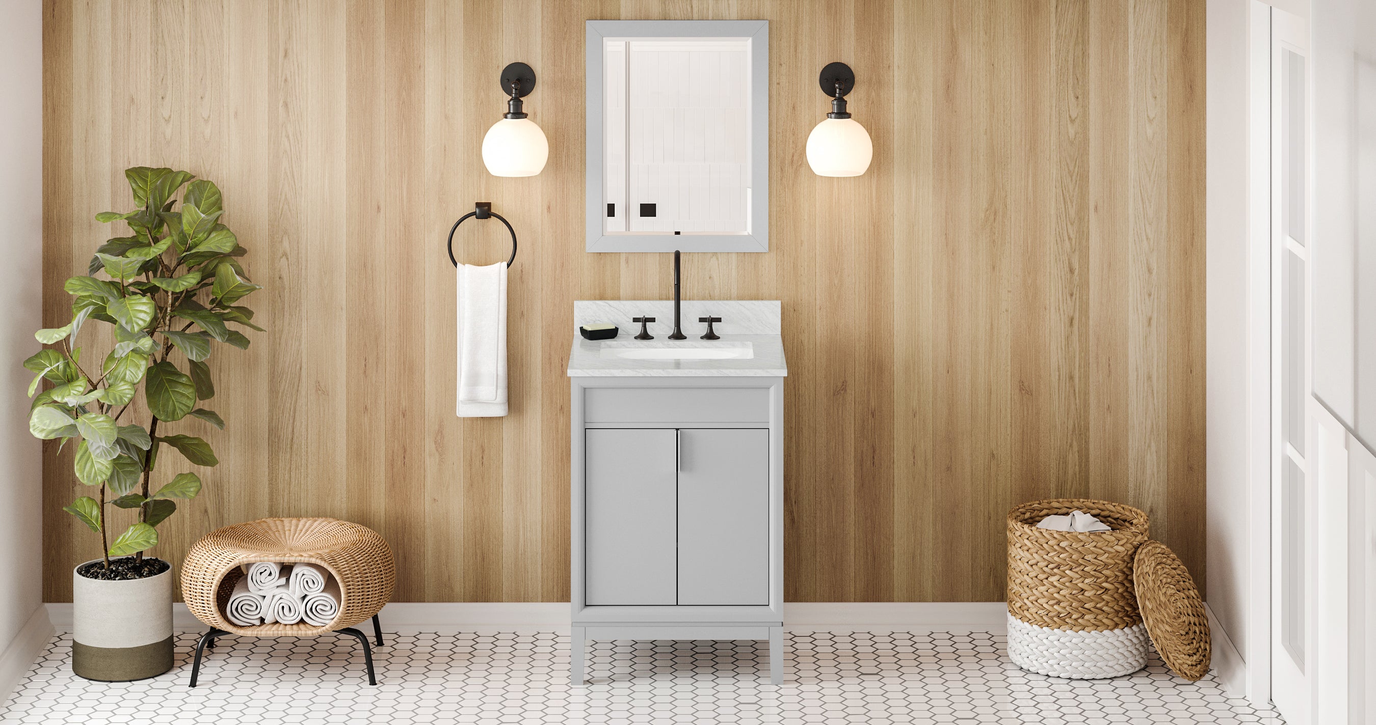 24" Grey Theodora Vanity, White Carrara Marble Vanity Top, undermount rectangle bowl | KitchBath
