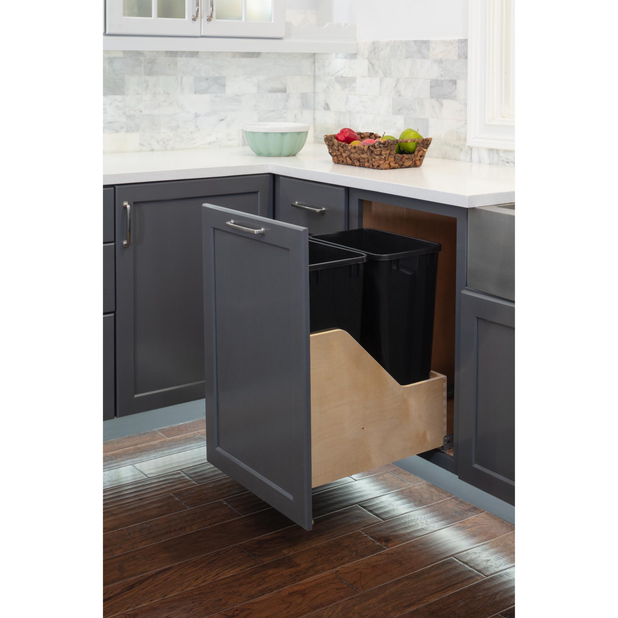 Double 50 Quart Wood Bottom-Mount Soft-close Trashcan Rollout for Door Mounting, Includes Two Black Cans | KitchBath