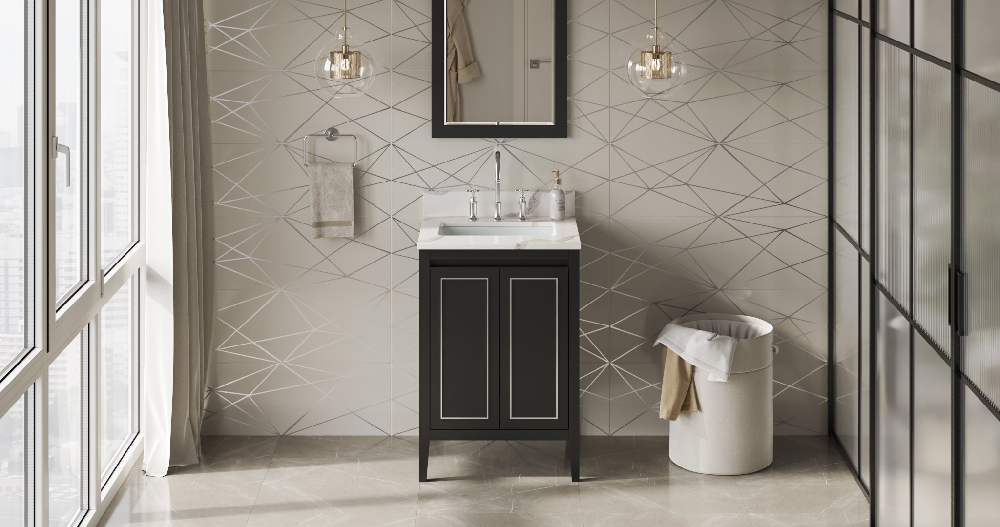 24" Black Percival Vanity, Calacatta Vienna Quartz Vanity Top, undermount rectangle bowl | KitchBath