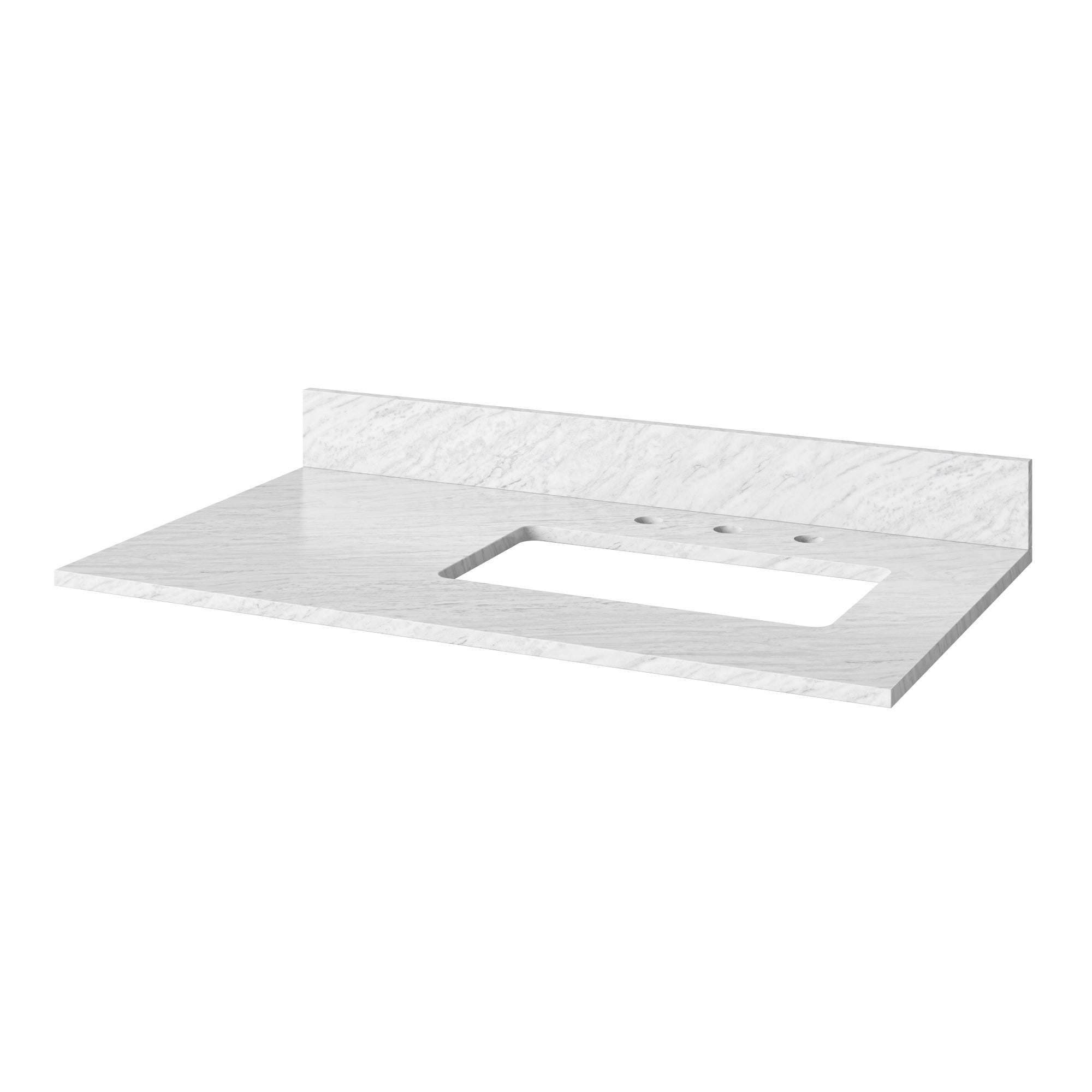 36" Grey Astoria Vanity, right offset, White Carrara Marble Vanity Top, undermount rectangle bowl | KitchBath