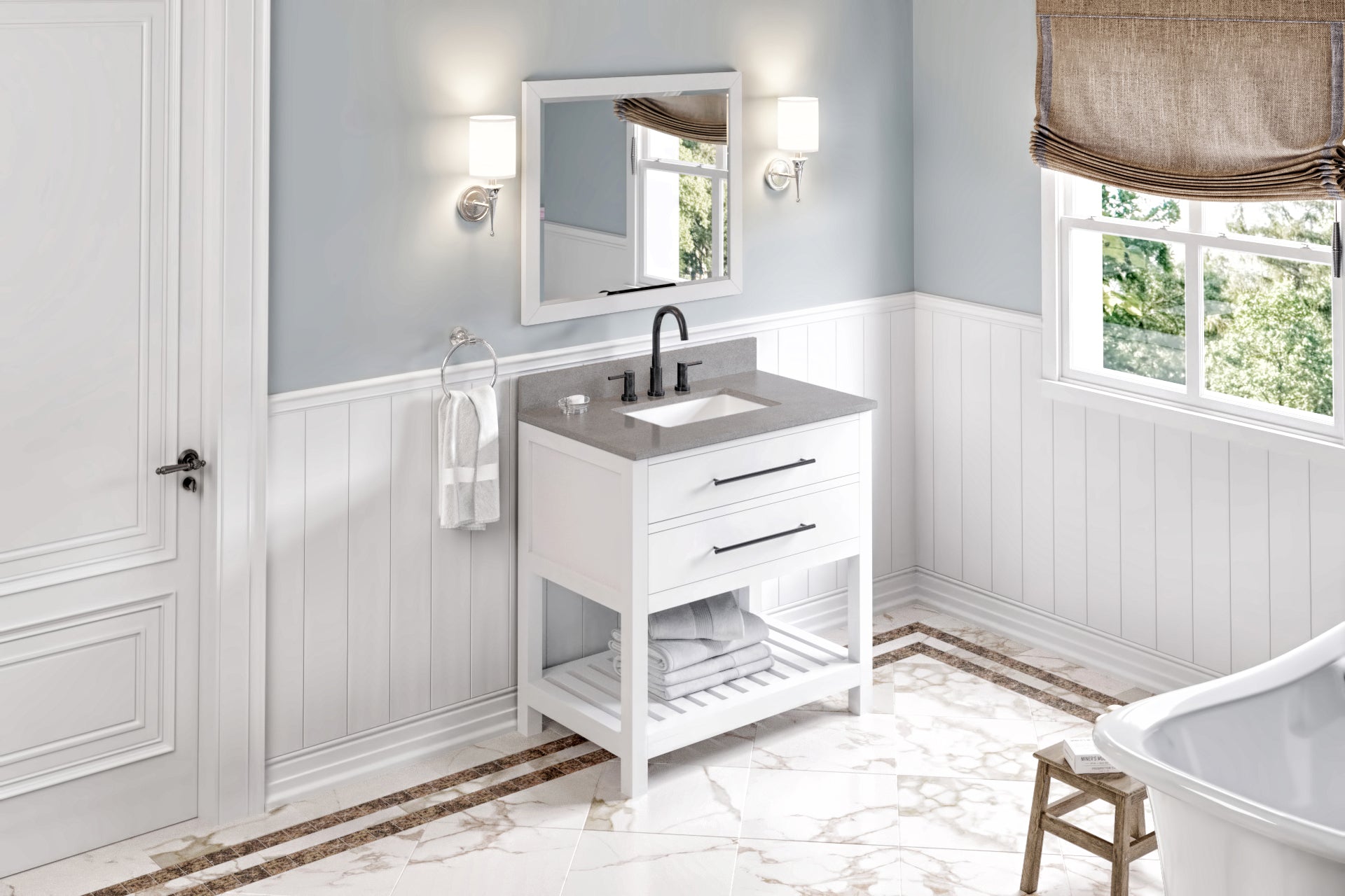 36" White Wavecrest Vanity, Steel Grey Cultured Marble Vanity Top, undermount rectangle bowl