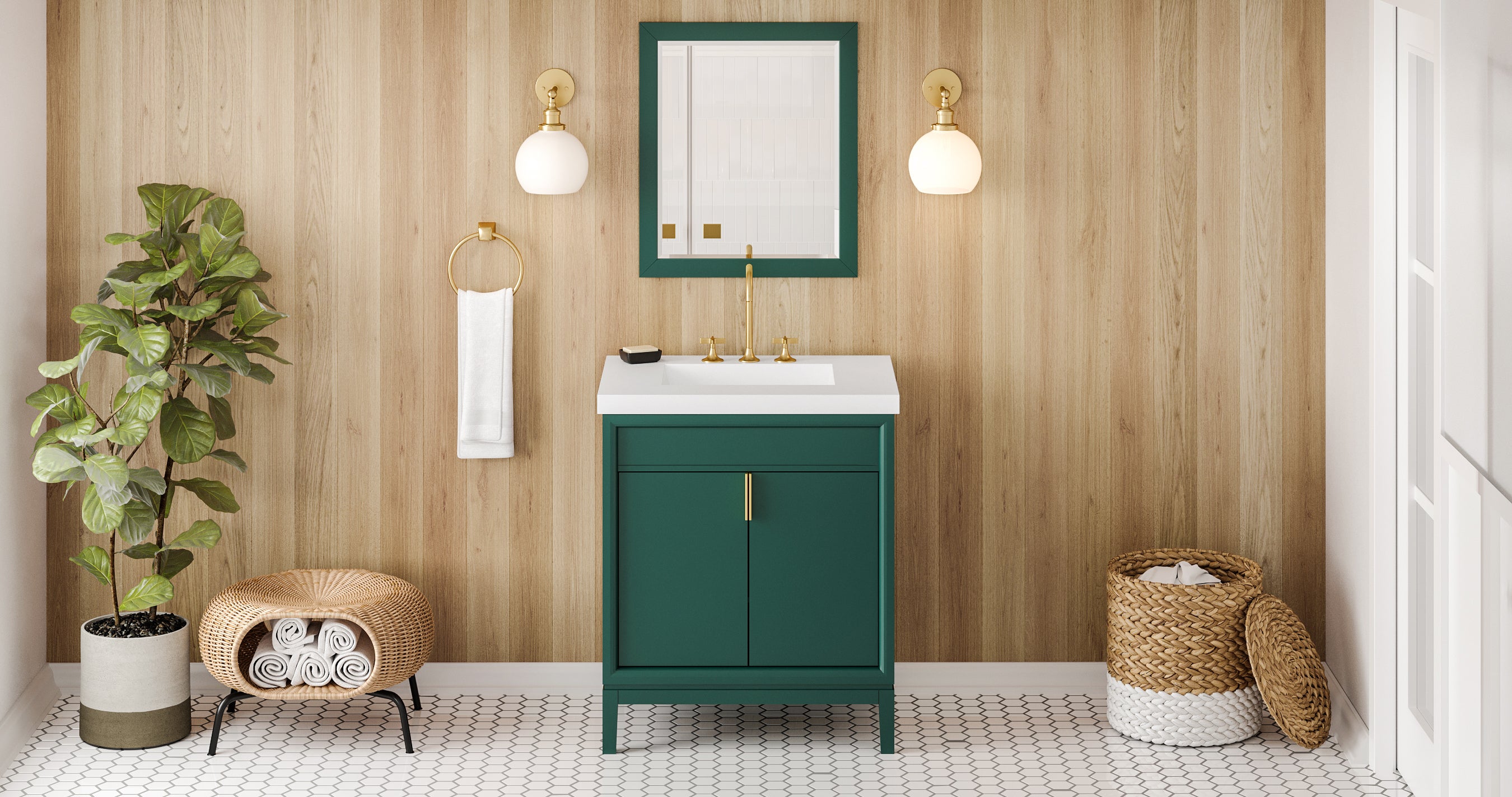 30" Forest Green Theodora Vanity, Lavante Cultured Marble Vessel Vanity Top, integrated rectangle bowl | KitchBath