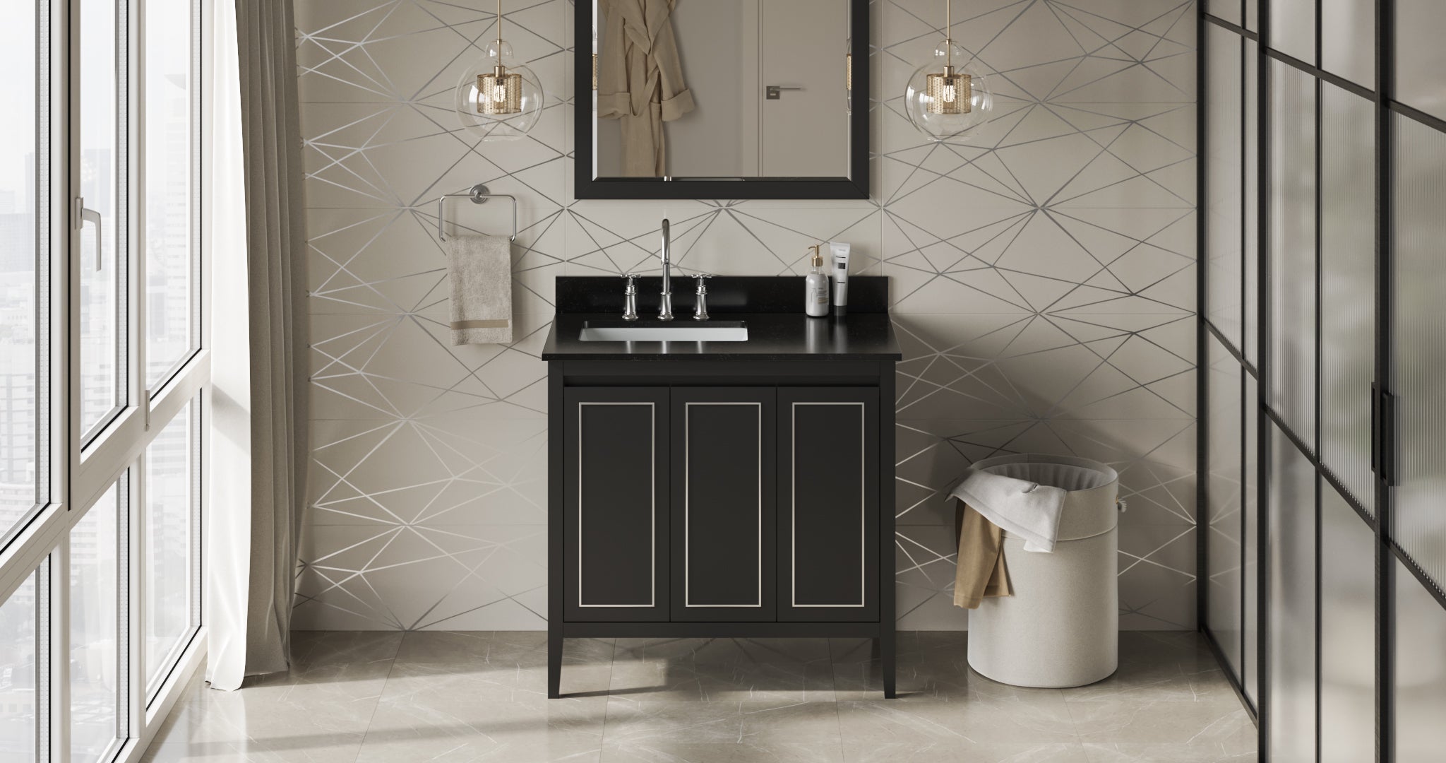 36" Black Percival Vanity, left offset, Black Granite Vanity Top, undermount rectangle bowl | KitchBath