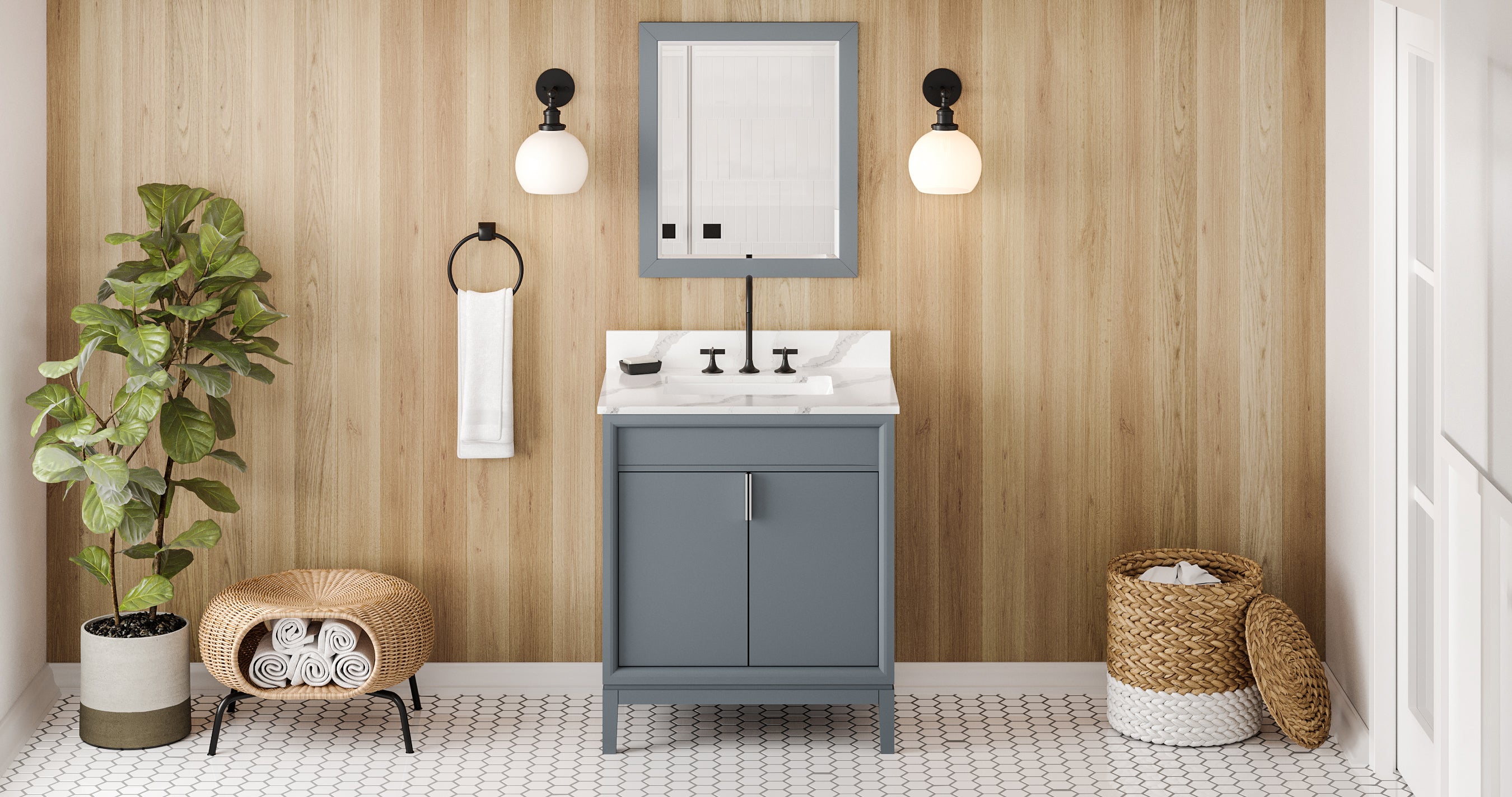 30" Blue Steel Theodora Vanity, Calacatta Vienna Quartz Vanity Top, undermount rectangle bowl | KitchBath