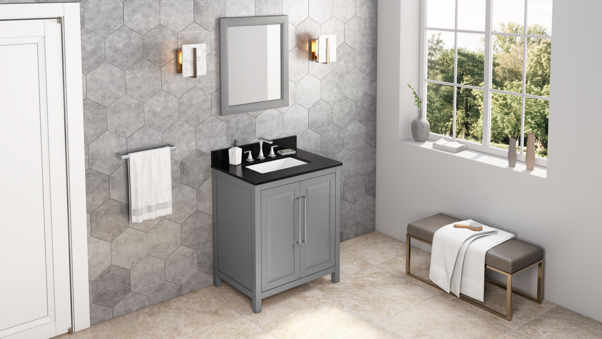 30" Grey Cade Vanity, Black Granite Vanity Top, undermount rectangle bowl