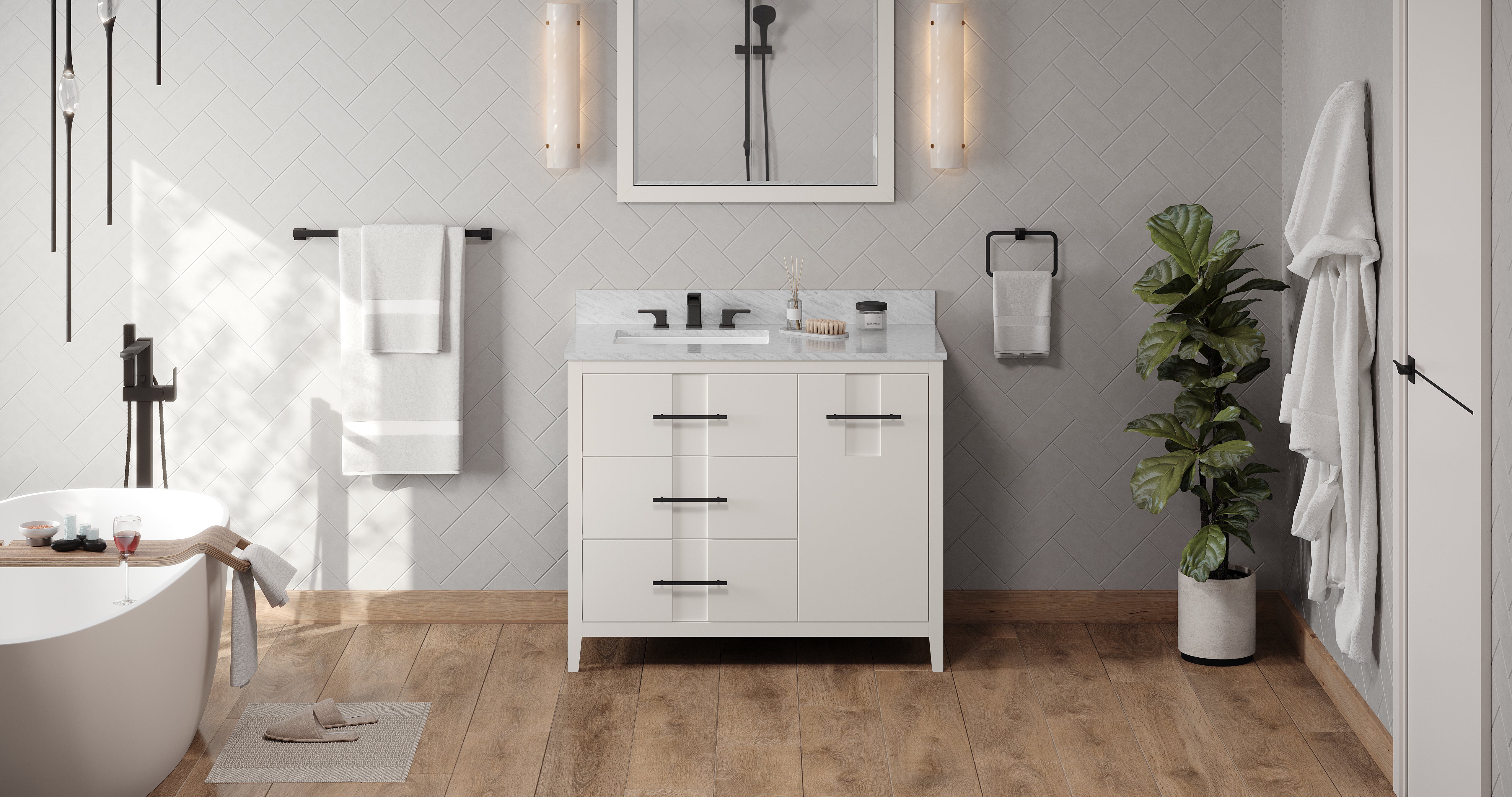 42" White Katara Vanity, left offset, White Carrara Marble Vanity Top, undermount rectangle bowl | KitchBath