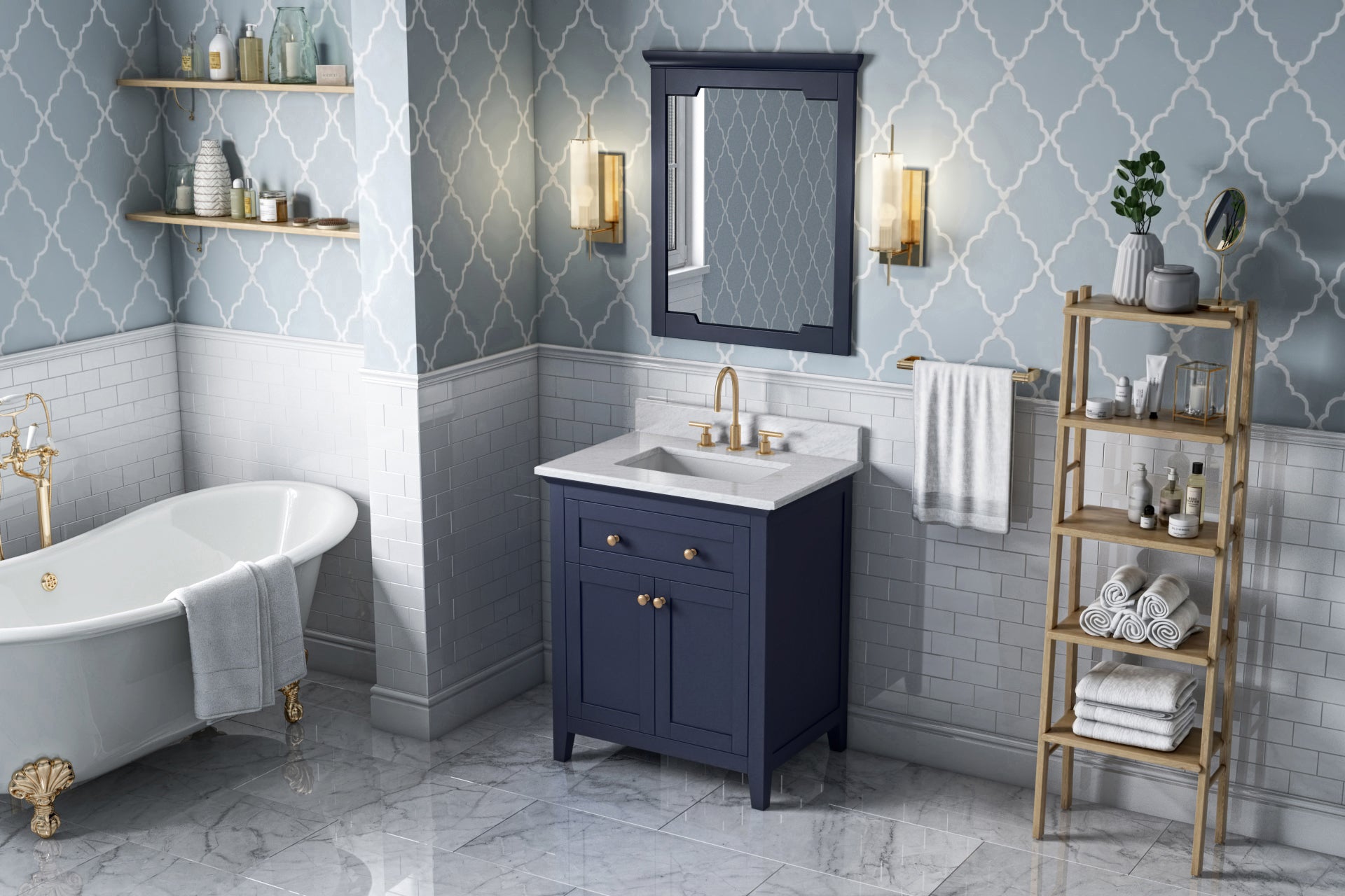 30" Hale Blue Chatham Vanity, White Carrara Marble Vanity Top, undermount rectangle bowl