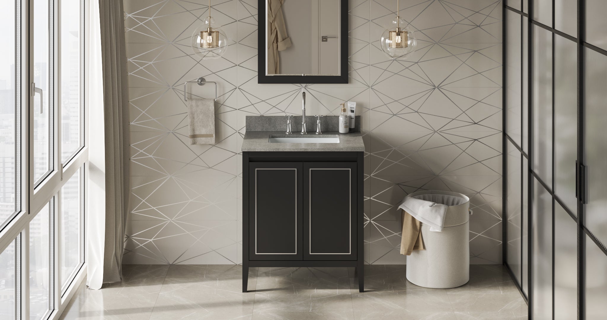 30" Black Percival Vanity, Steel Grey Cultured Marble Vanity Top, undermount rectangle bowl | KitchBath