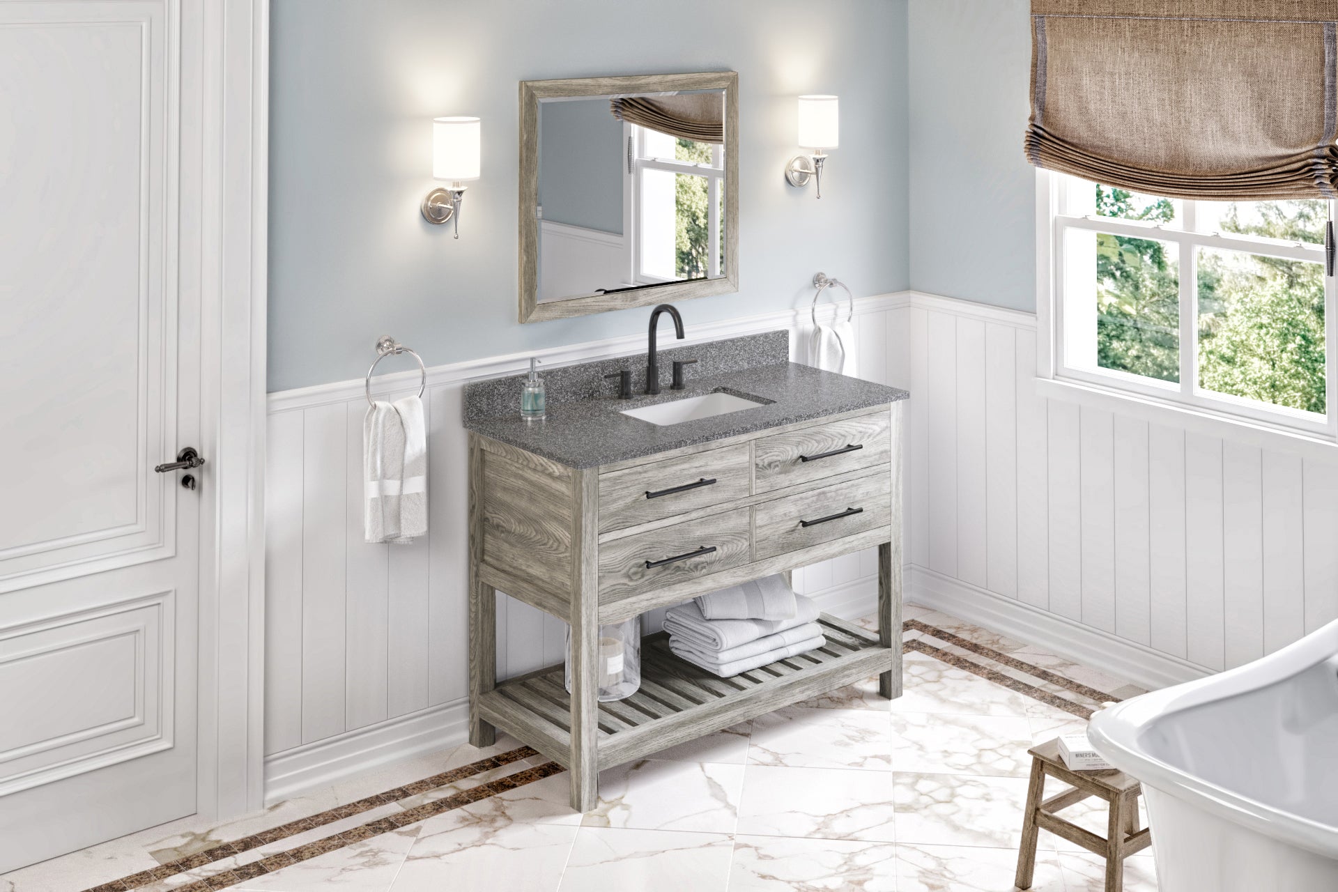 48" Weathered Grey Wavecrest Vanity, Boulder Cultured Marble Vanity Top, undermount rectangle bowl | KitchBath