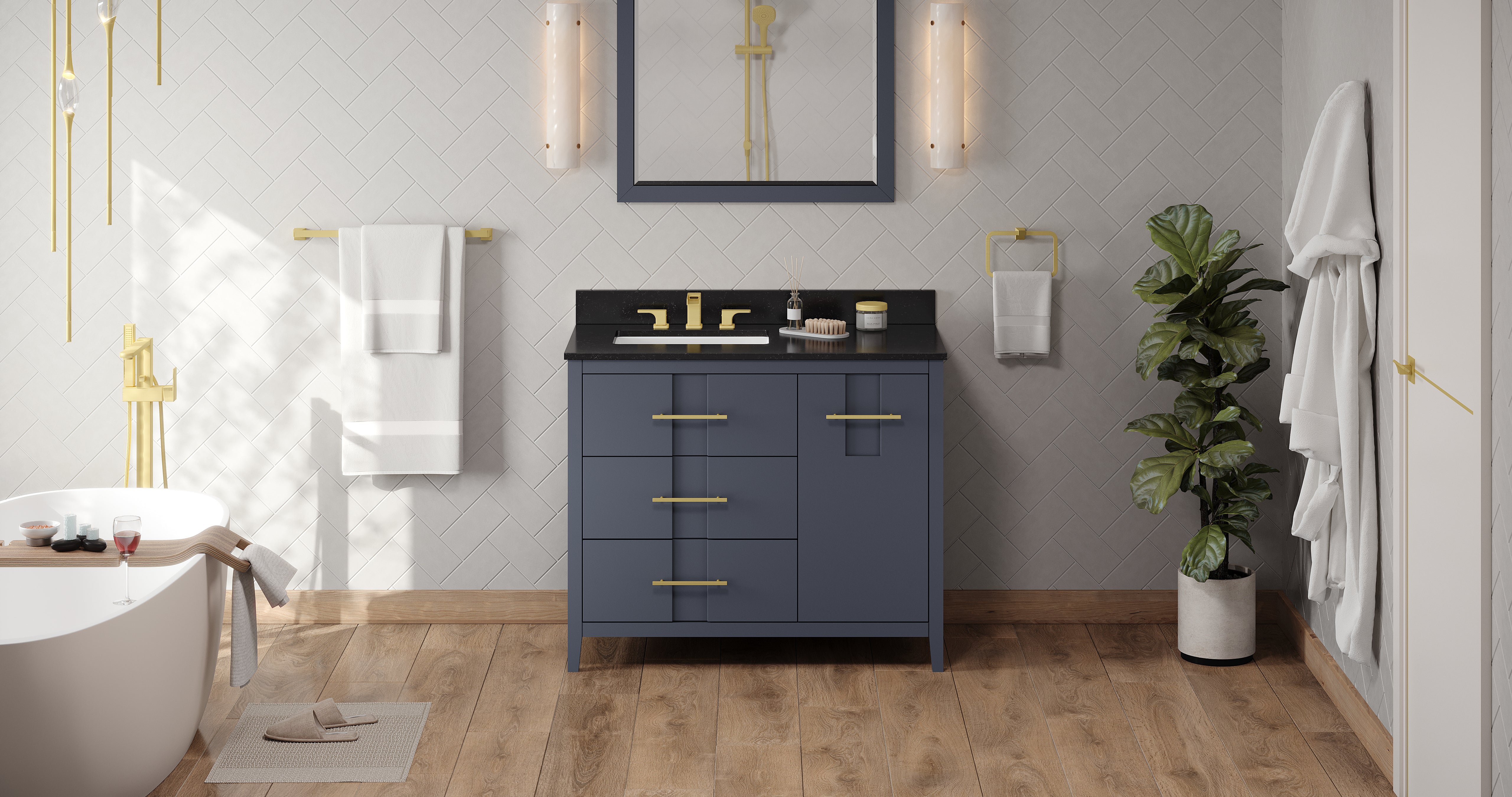 42" Blue Steel Katara Vanity, left offset, Black Granite Vanity Top, undermount rectangle bowl | KitchBath