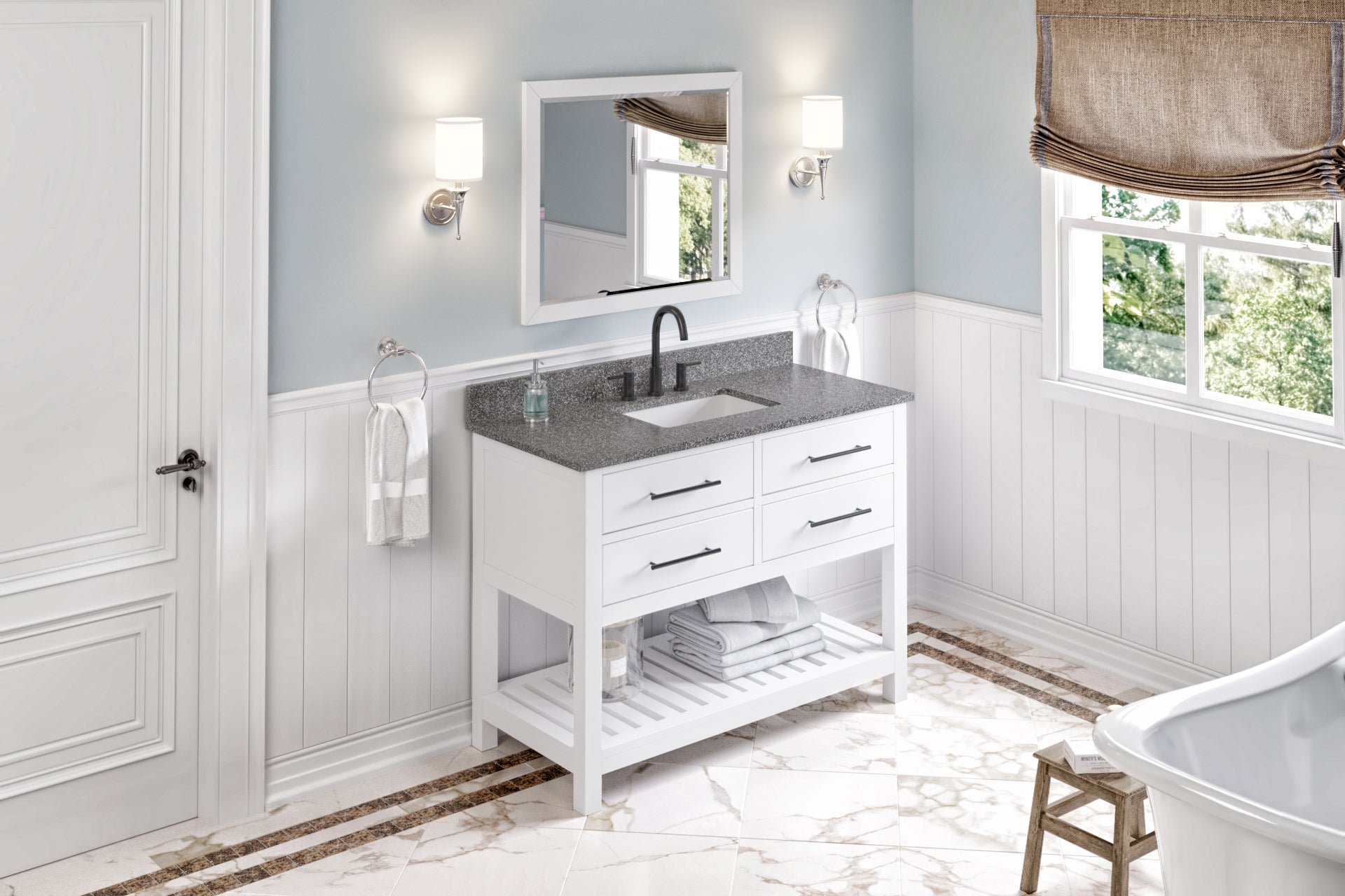 48" White Wavecrest Vanity, Boulder Cultured Marble Vanity Top, undermount rectangle bowl