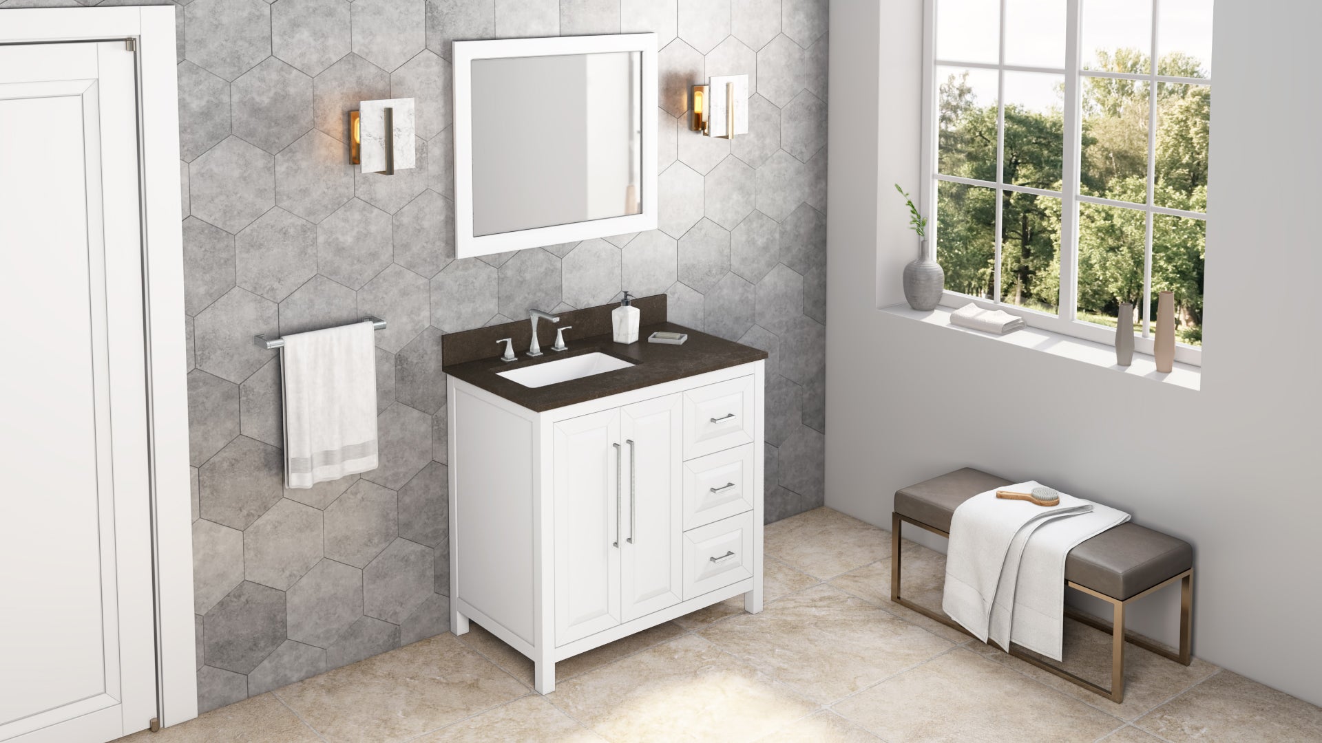 36" White Cade Vanity, left offset | KitchBath