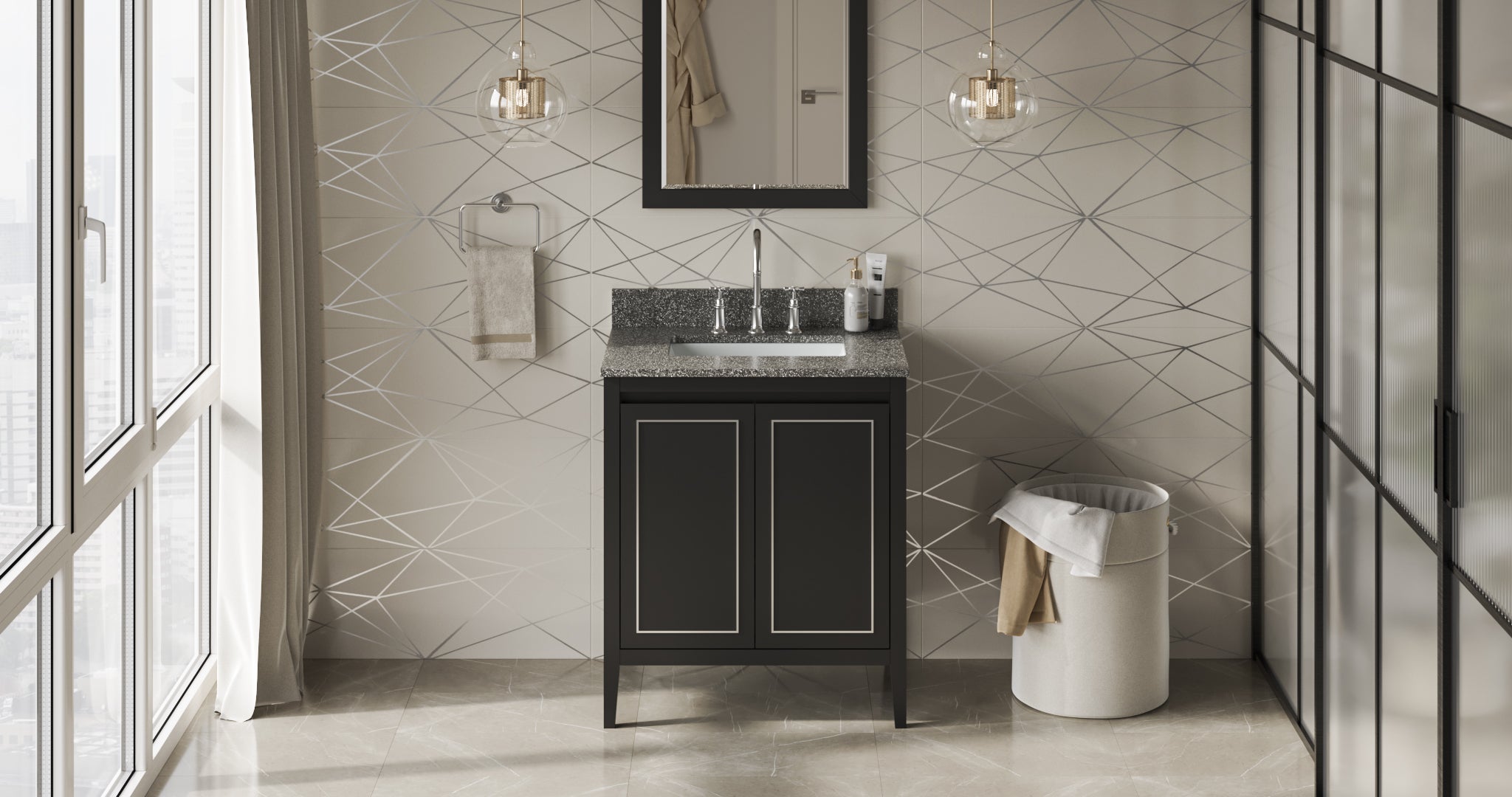 30" Black Percival Vanity, Boulder Cultured Marble Vanity Top, undermount rectangle bowl | KitchBath