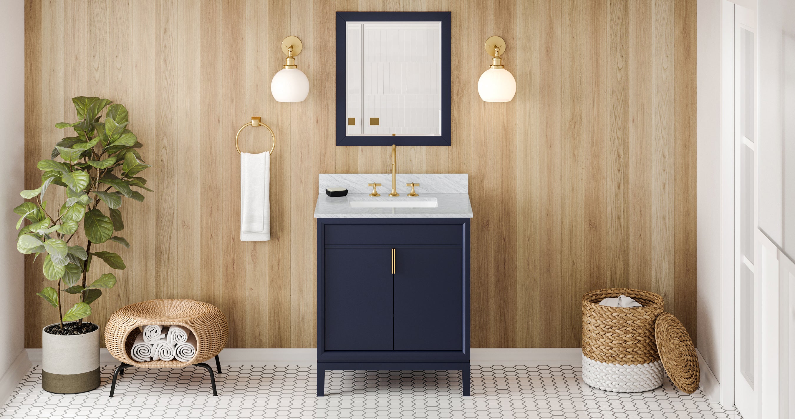 30" Hale Blue Theodora Vanity, White Carrara Marble Vanity Top, undermount rectangle bowl | KitchBath