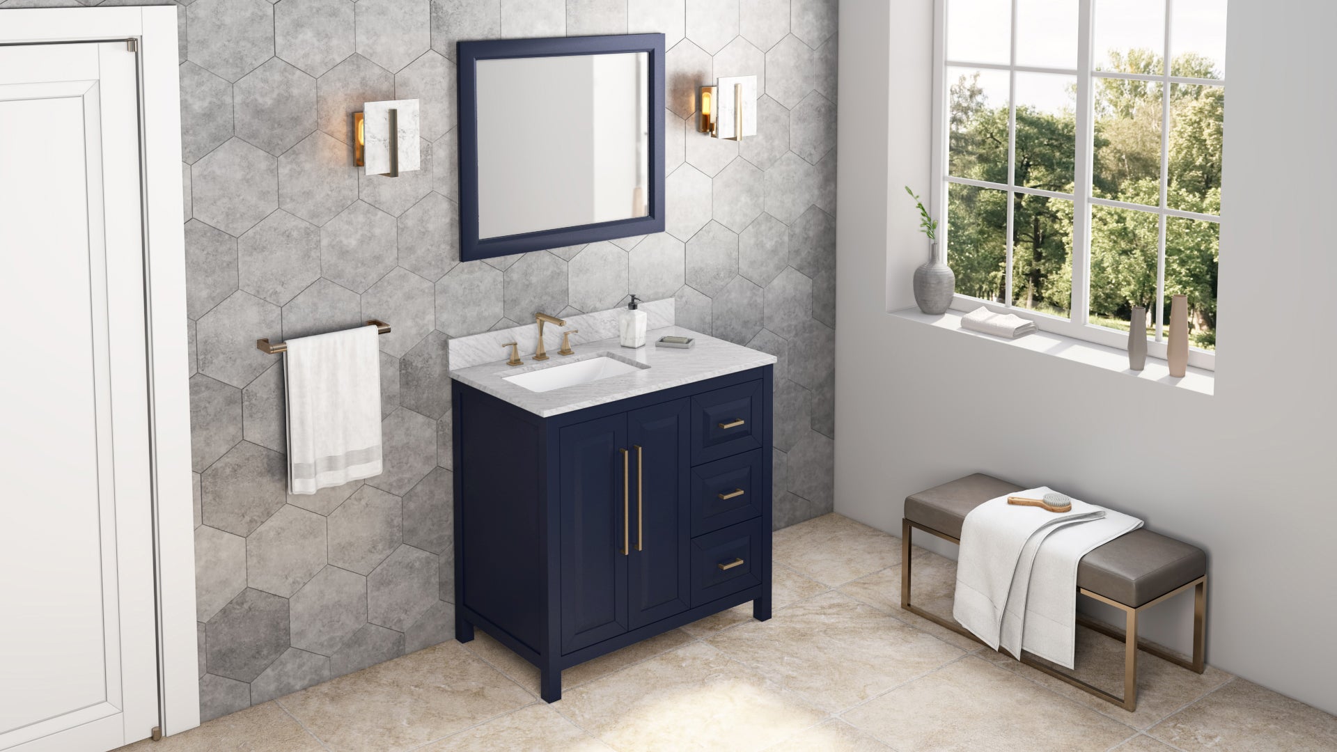 36" Hale Blue Cade Vanity, left offset, White Carrara Marble Vanity Top, undermount rectangle bowl
