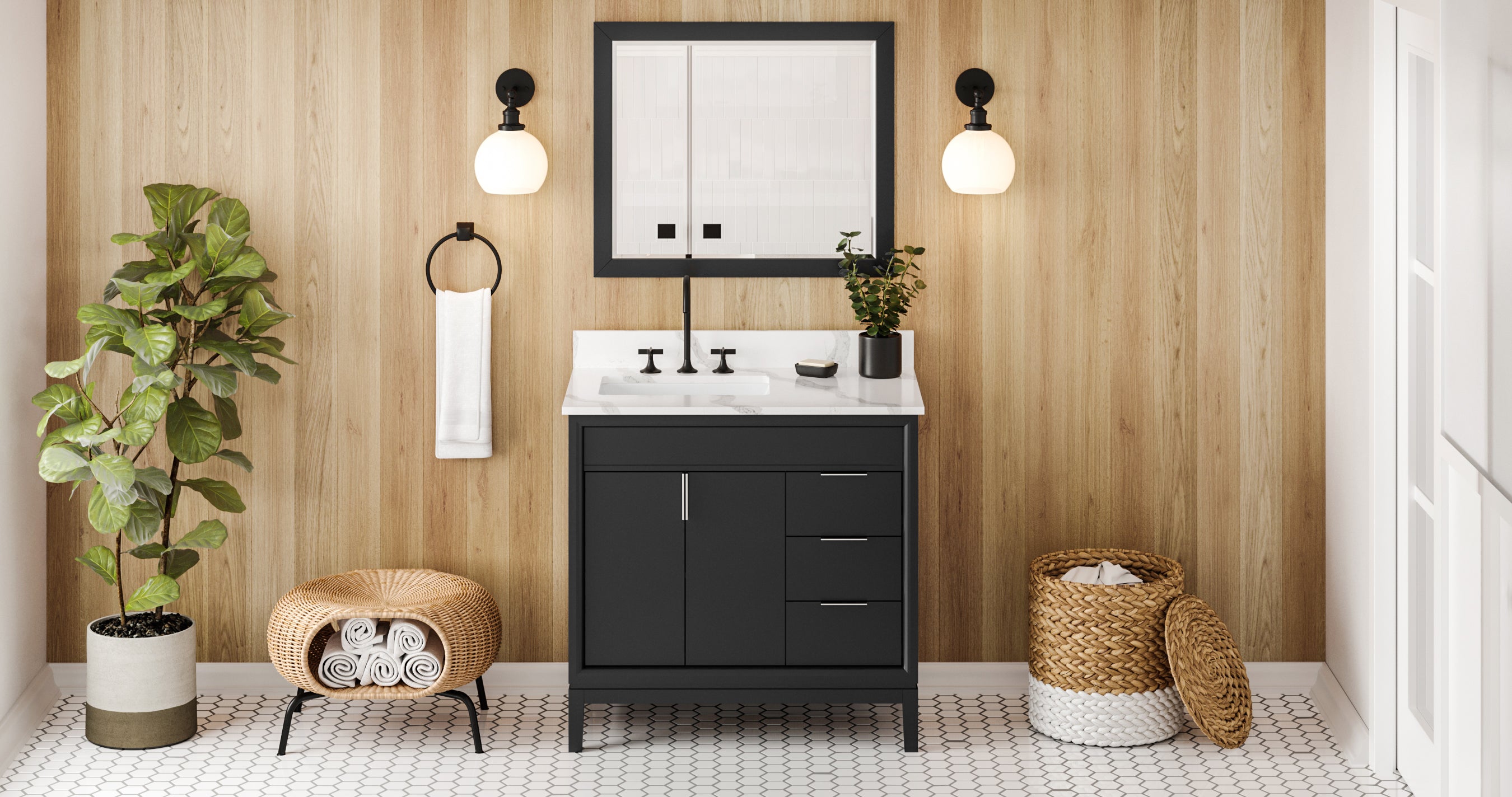 36" Black Theodora Vanity, left offset, Calacatta Vienna Quartz Vanity Top, undermount rectangle bowl | KitchBath