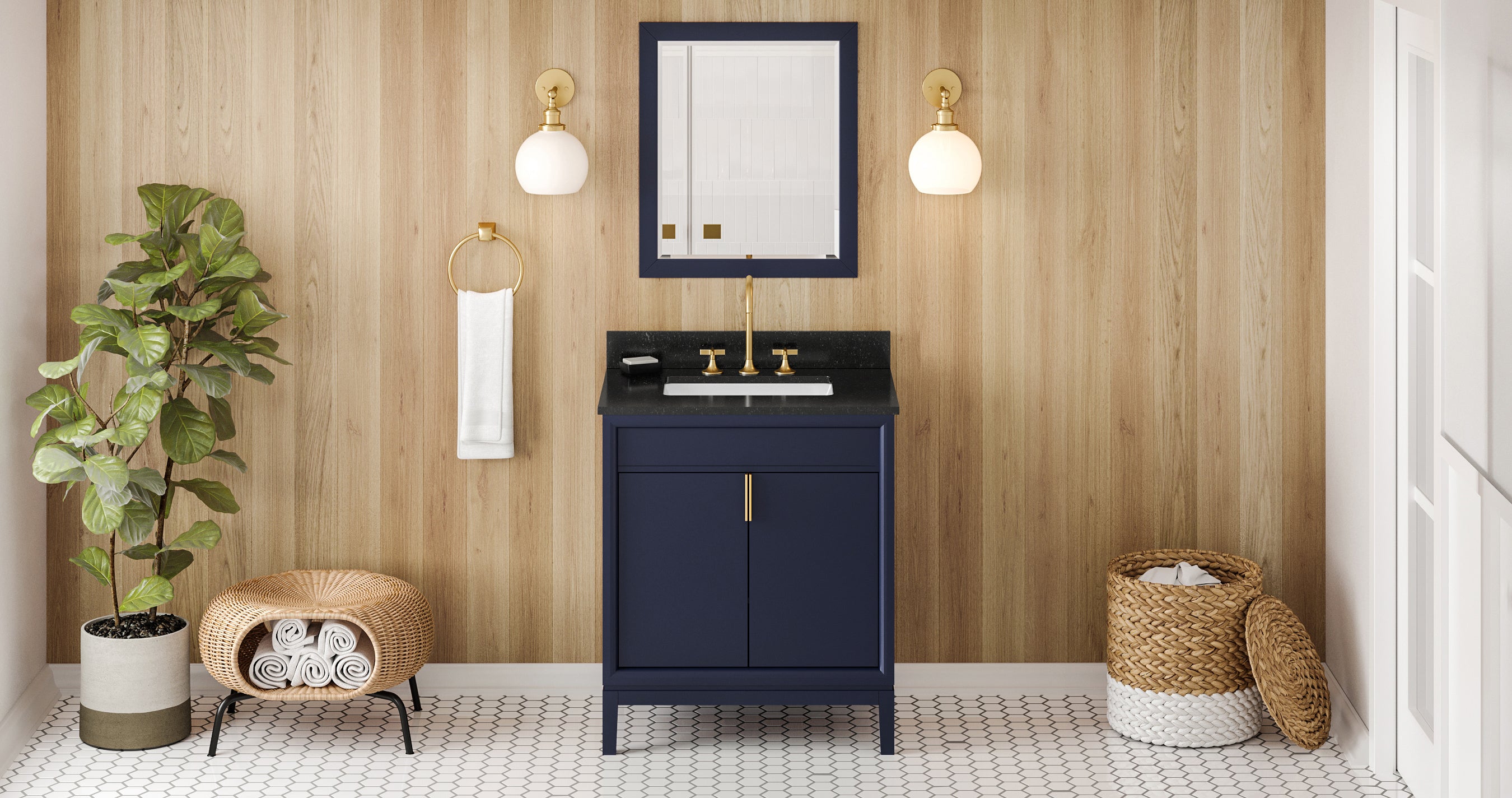 30" Hale Blue Theodora Vanity, Black Granite Vanity Top, undermount rectangle bowl | KitchBath