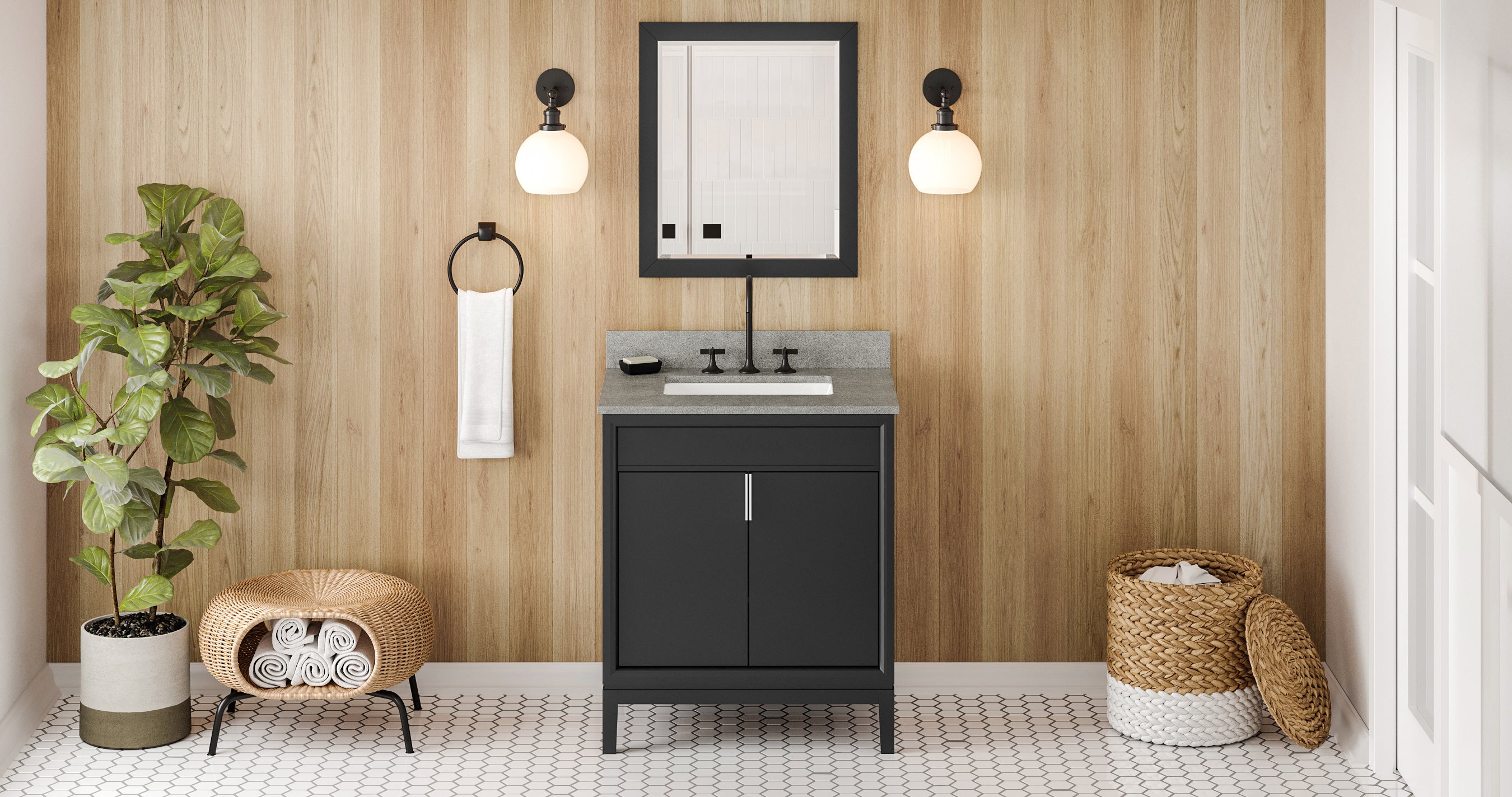 30" Black Theodora Vanity, Steel Grey Cultured Marble Vanity Top, undermount rectangle bowl | KitchBath