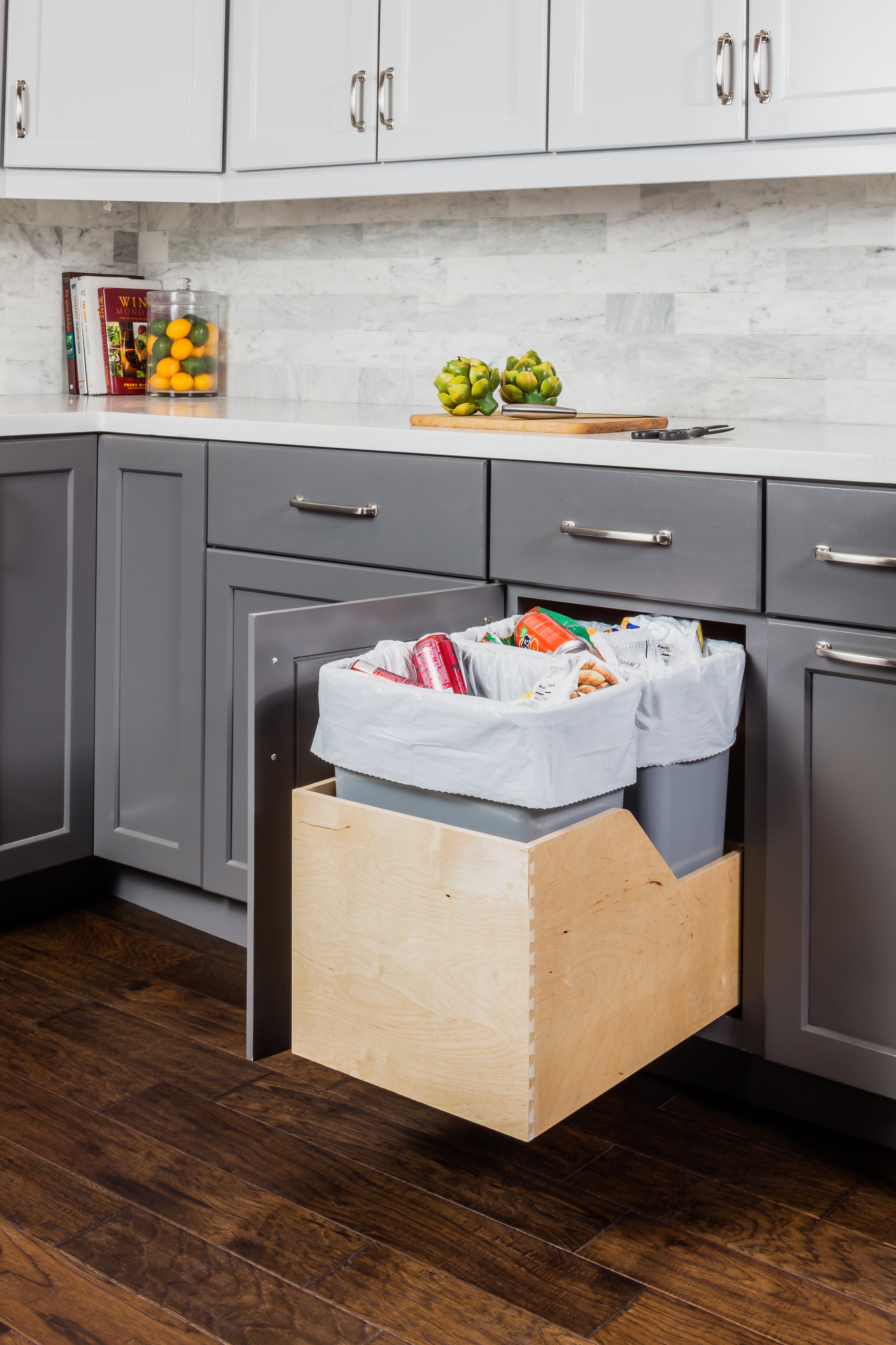 Double 35 Quart Wood Bottom-Mount Soft-close Trashcan Rollout for Hinged Doors, Includes Two Grey Cans | KitchBath