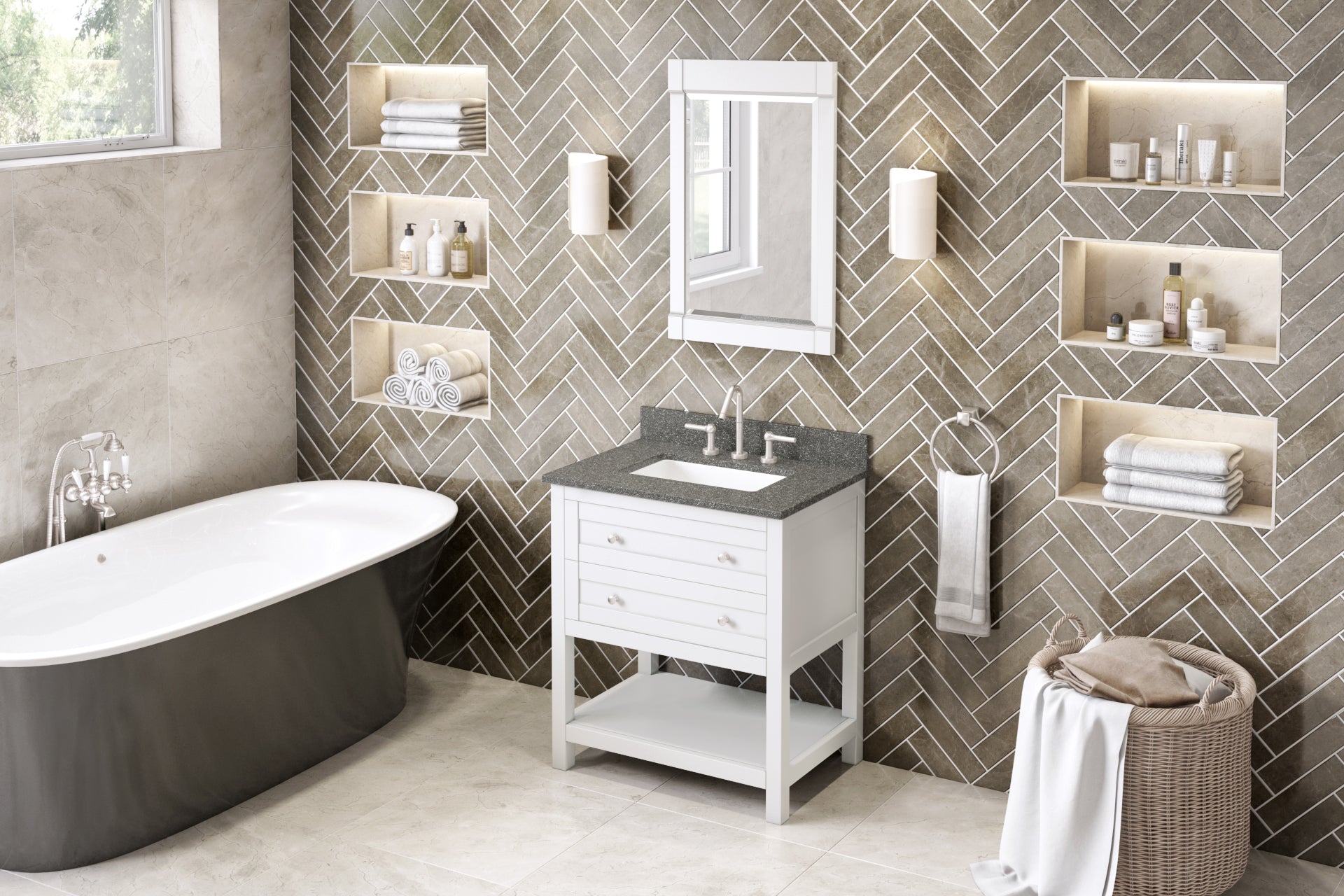 30" White Astoria Vanity, Boulder Cultured Marble Vanity Top, undermount rectangle bowl