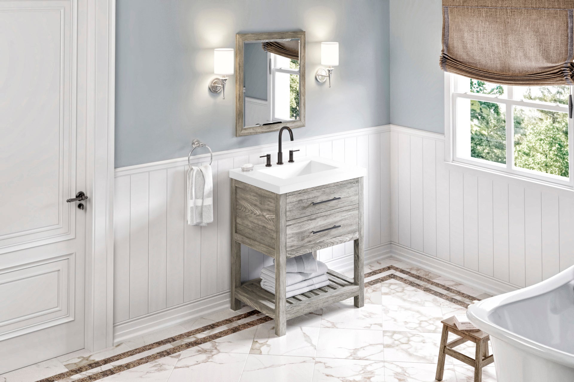 30" Weathered Grey Wavecrest Vanity, Lavante Cultured Marble Vessel Vanity Top, integrated rectangle bowl | KitchBath