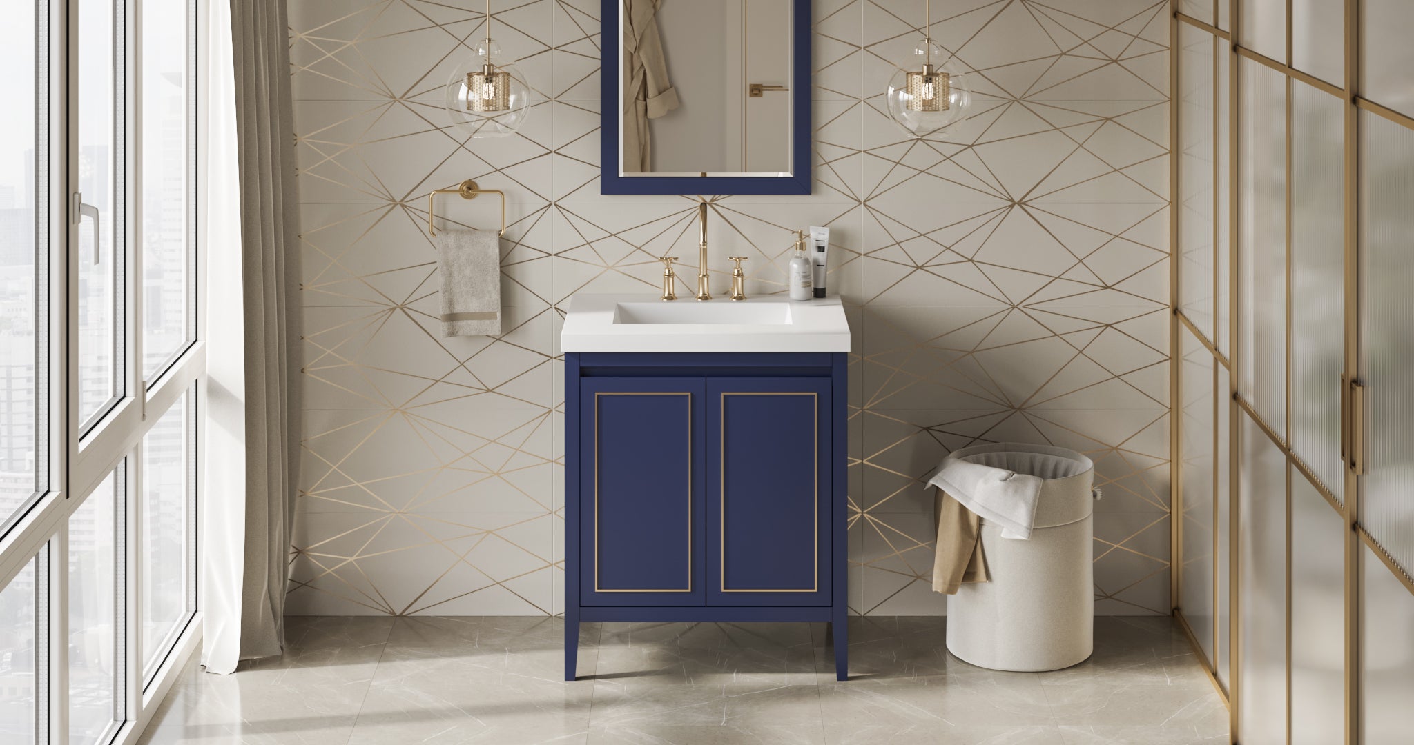 30" Hale Blue Percival Vanity, Lavante Cultured Marble Vessel Vanity Top, integrated rectangle bowl | KitchBath