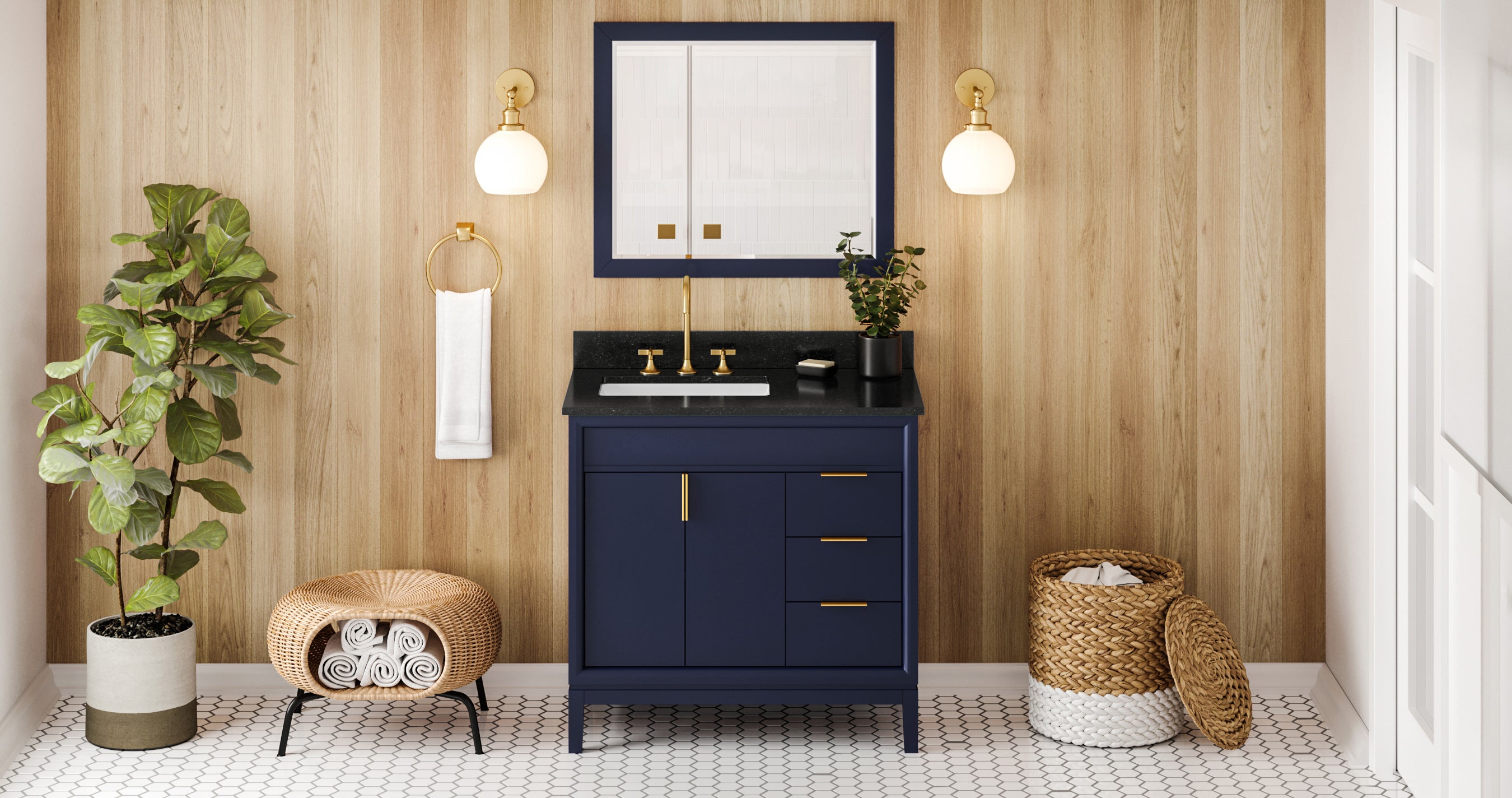 36" Hale Blue Theodora Vanity, left offset, Black Granite Vanity Top, undermount rectangle bowl | KitchBath