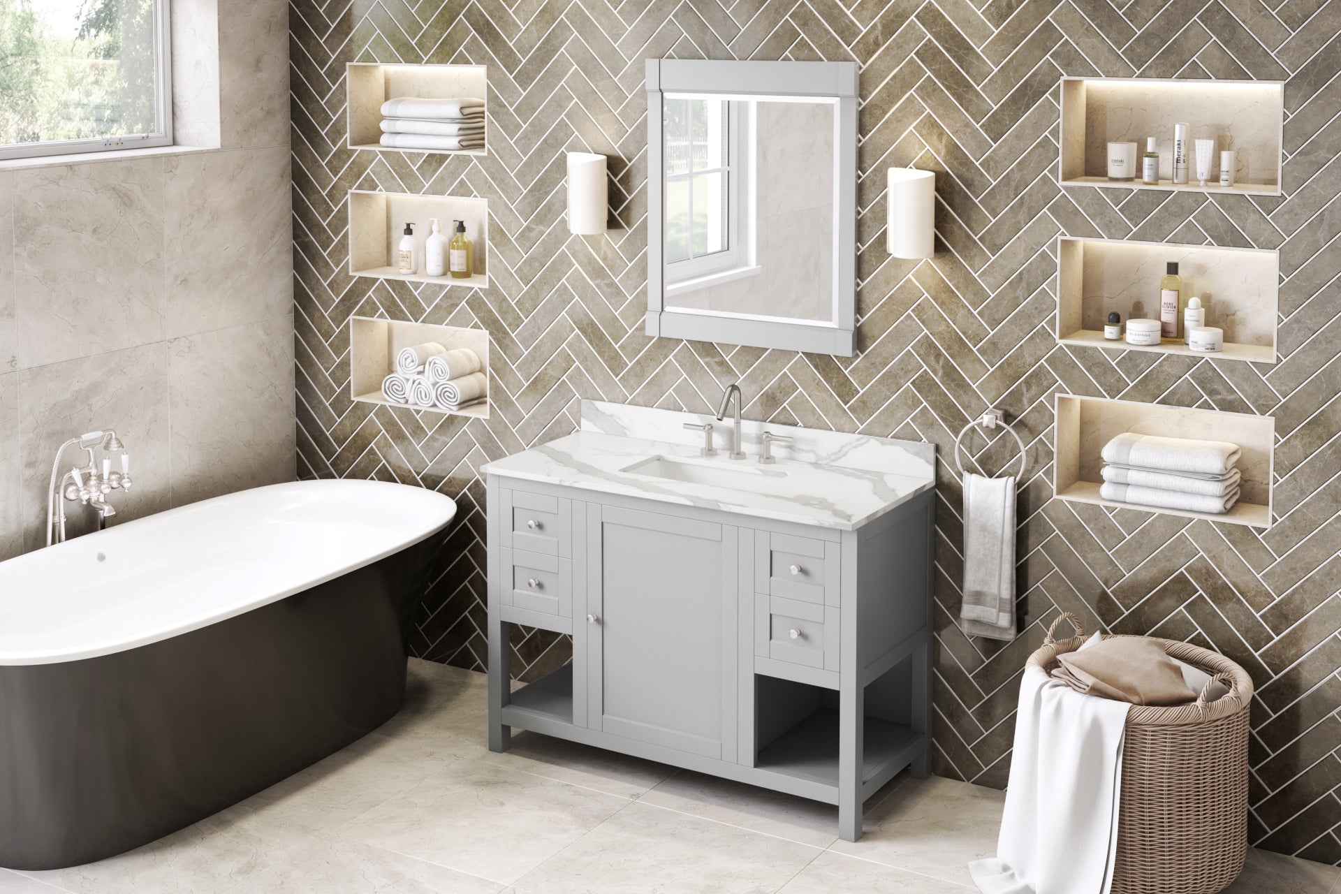 48" Grey Astoria Vanity, Calacatta Vienna Quartz Vanity Top, undermount rectangle bowl | KitchBath