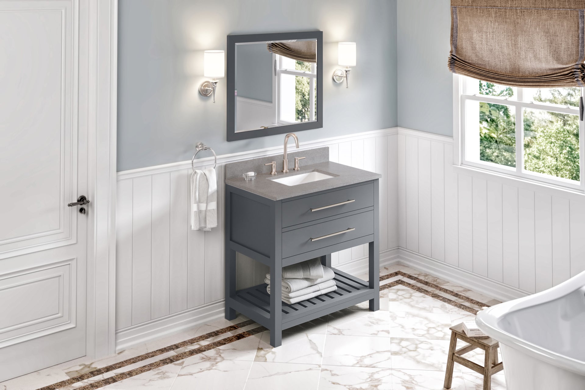 36" Grey Wavecrest Vanity, Steel Grey Cultured Marble Vanity Top, undermount rectangle bowl