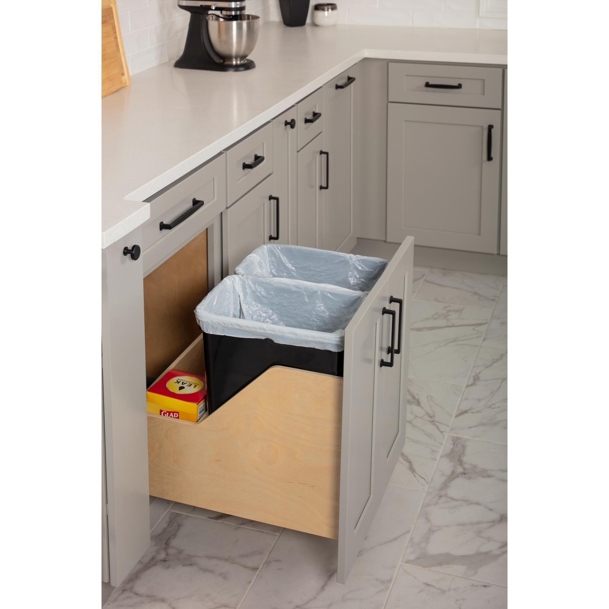 Double 35 Quart Wood Bottom-Mount Soft-close Trashcan Rollout for Door Mounting, Includes Two Black Cans and Door Joining Bracket | KitchBath