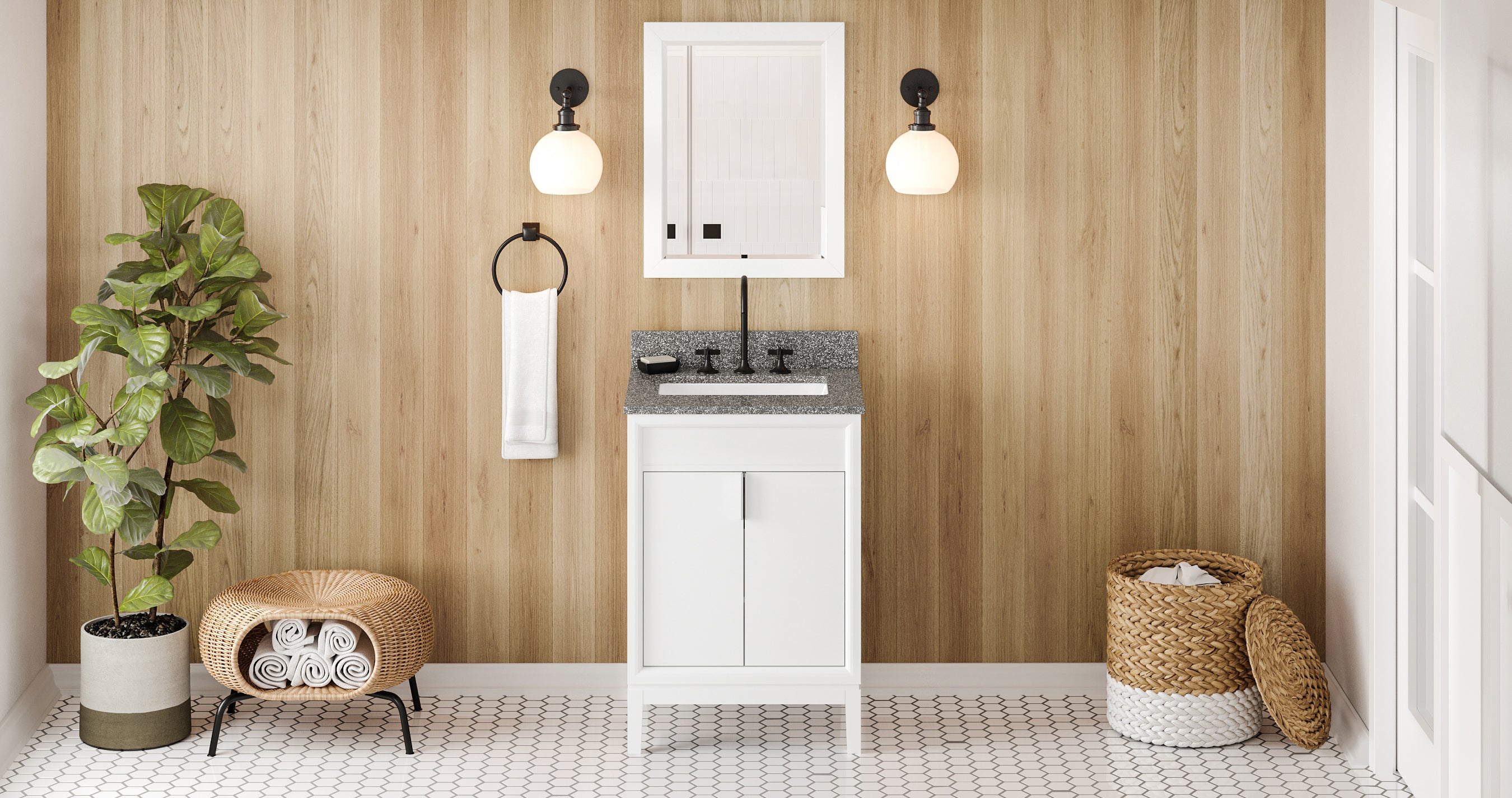 24" White Theodora Vanity, Boulder Cultured Marble Vanity Top, undermount rectangle bowl | KitchBath