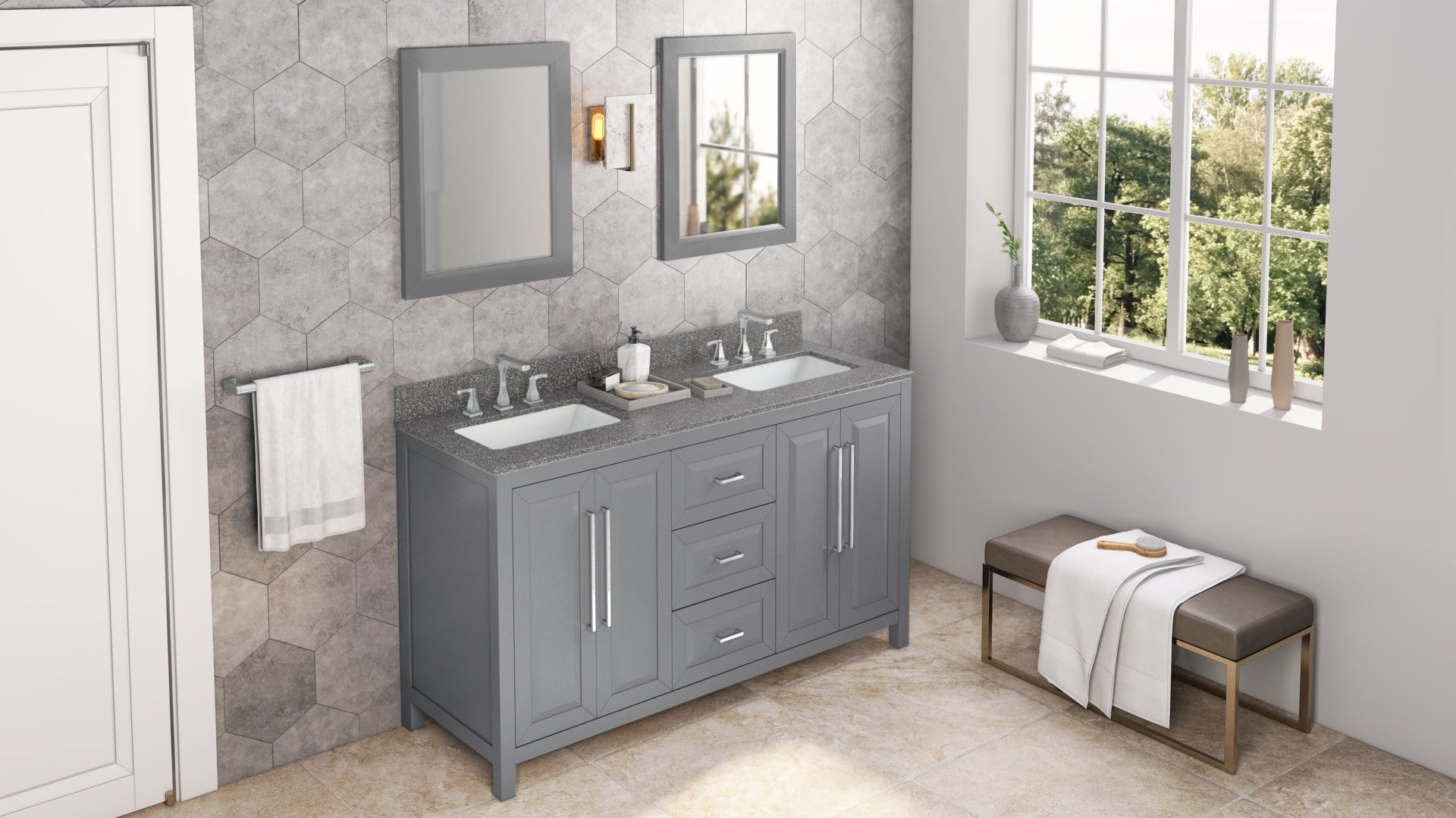 60" Grey Cade Vanity, double bowl, Boulder Cultured Marble Vanity Top, undermount rectangle bowl