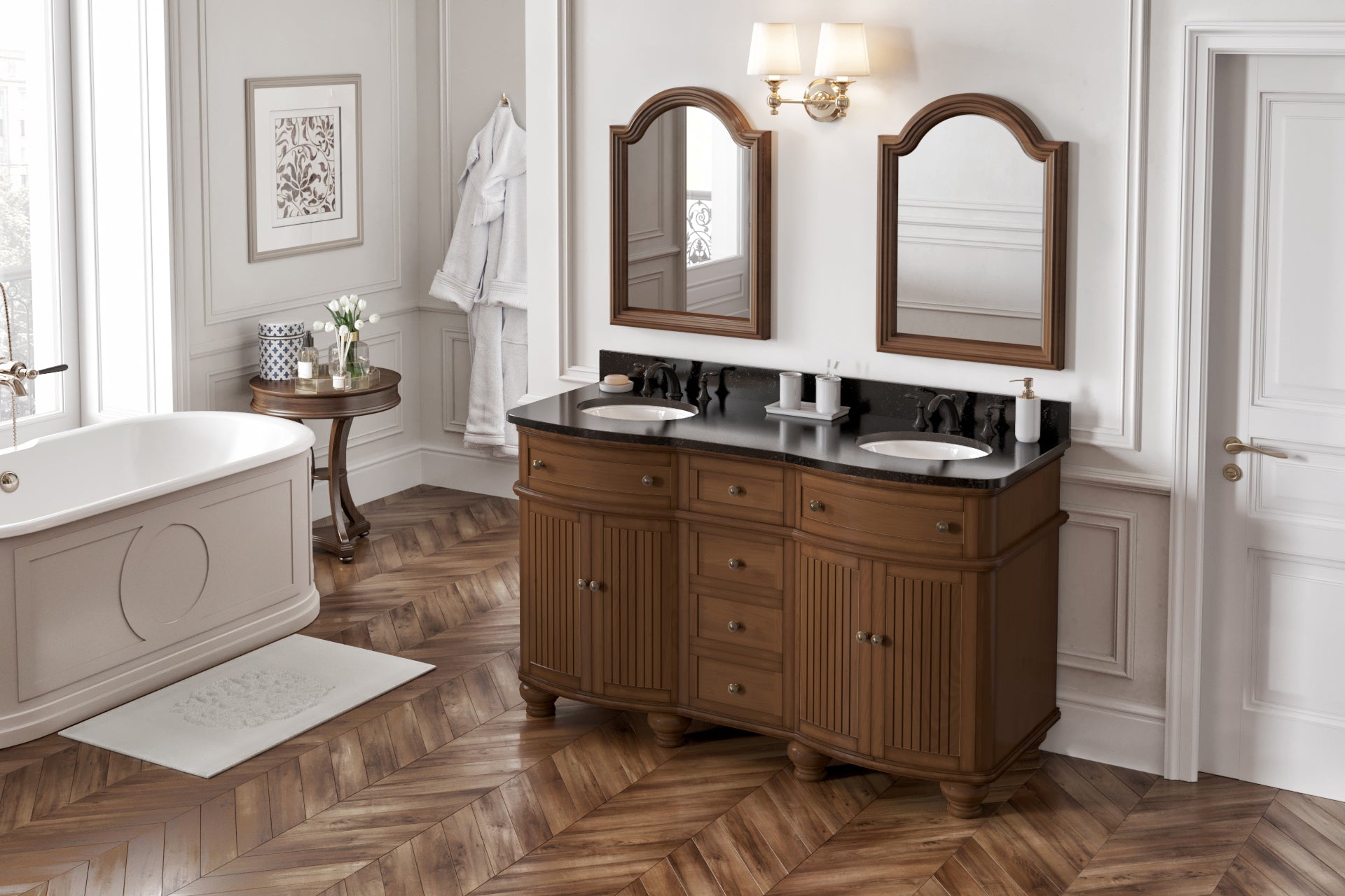 60" Walnut Compton Vanity, double bowl, Compton-only Black Granite Vanity Top, two undermount oval bowls