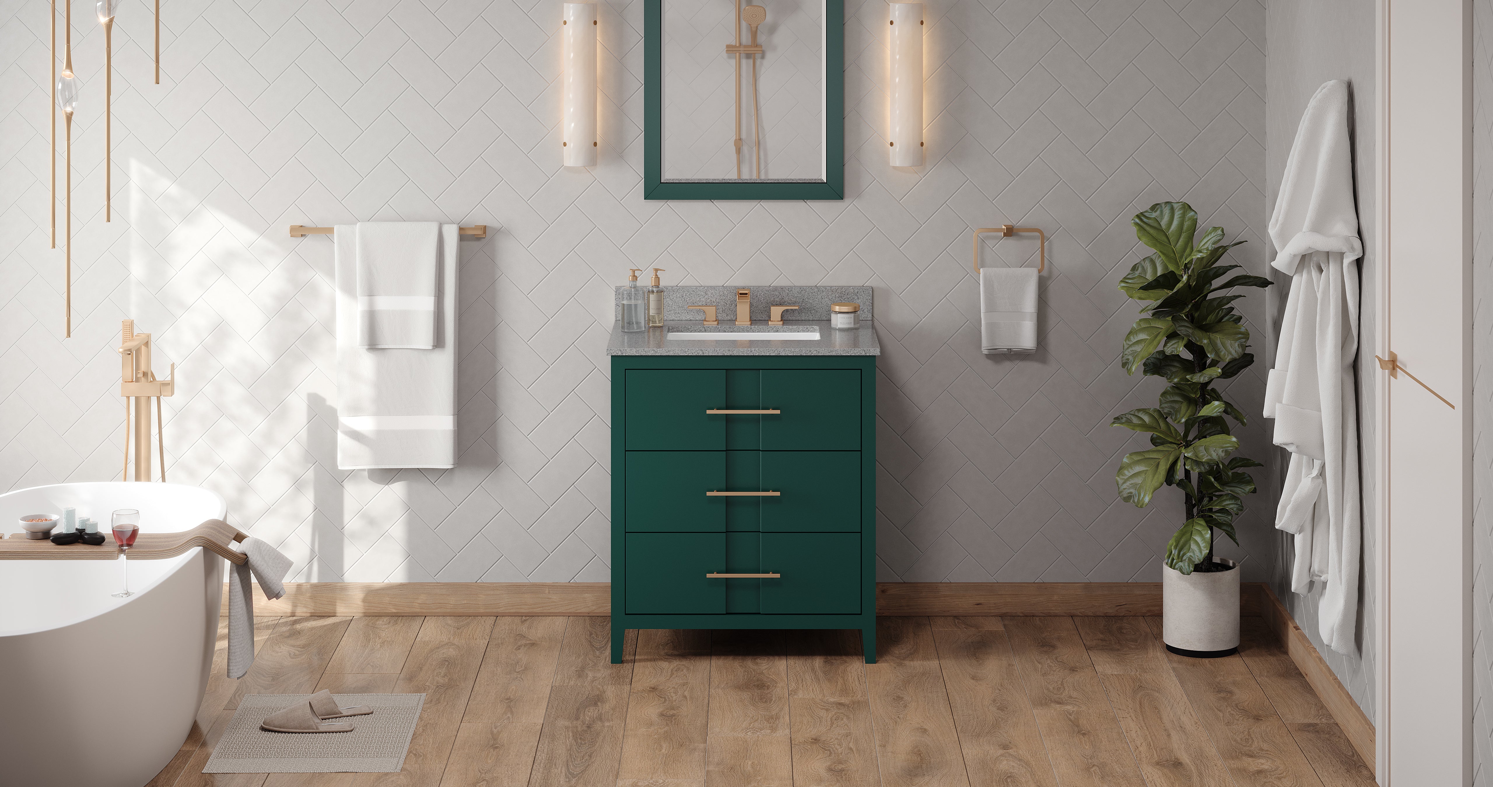 30" Forest Green Katara Vanity, Steel Grey Cultured Marble Vanity Top, undermount rectangle bowl | KitchBath