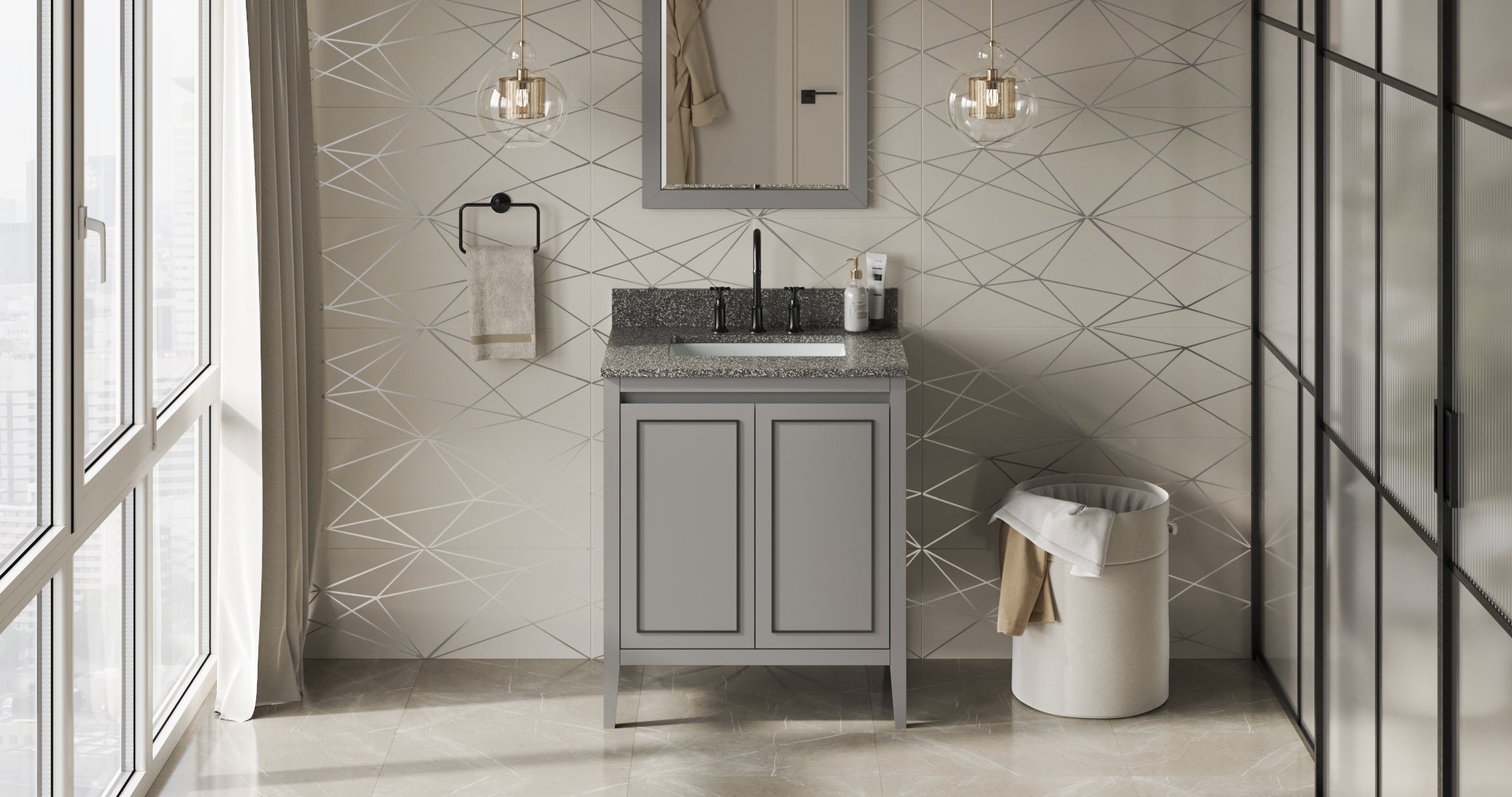 30" Grey Percival Vanity, Boulder Cultured Marble Vanity Top, undermount rectangle bowl | KitchBath