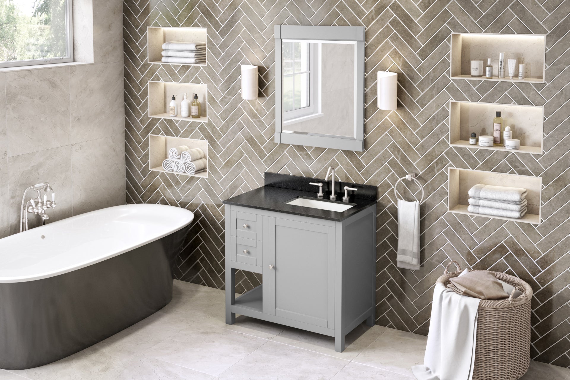 36" Grey Astoria Vanity, right offset, Black Granite Vanity Top, undermount rectangle bowl