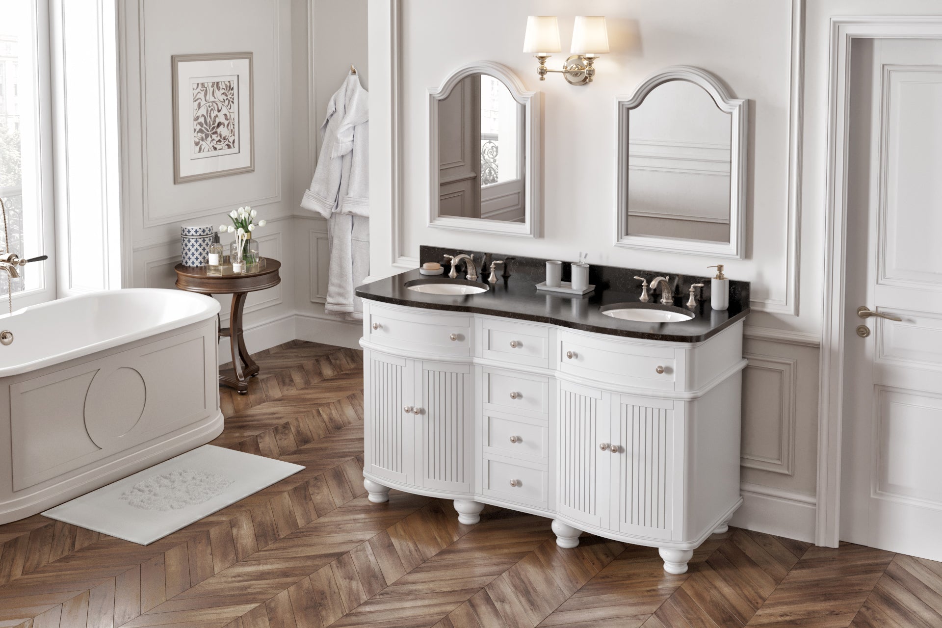 60" White Compton Vanity, double bowl | KitchBath