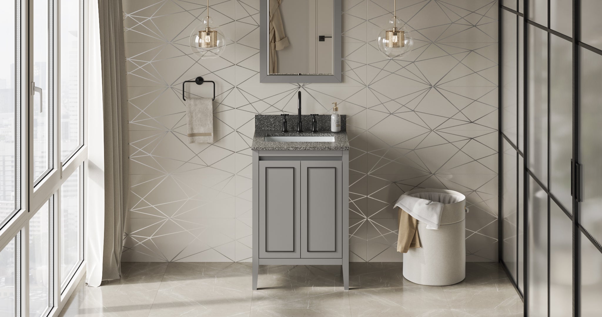24" Grey Percival Vanity, Boulder Cultured Marble Vanity Top, undermount rectangle bowl | KitchBath