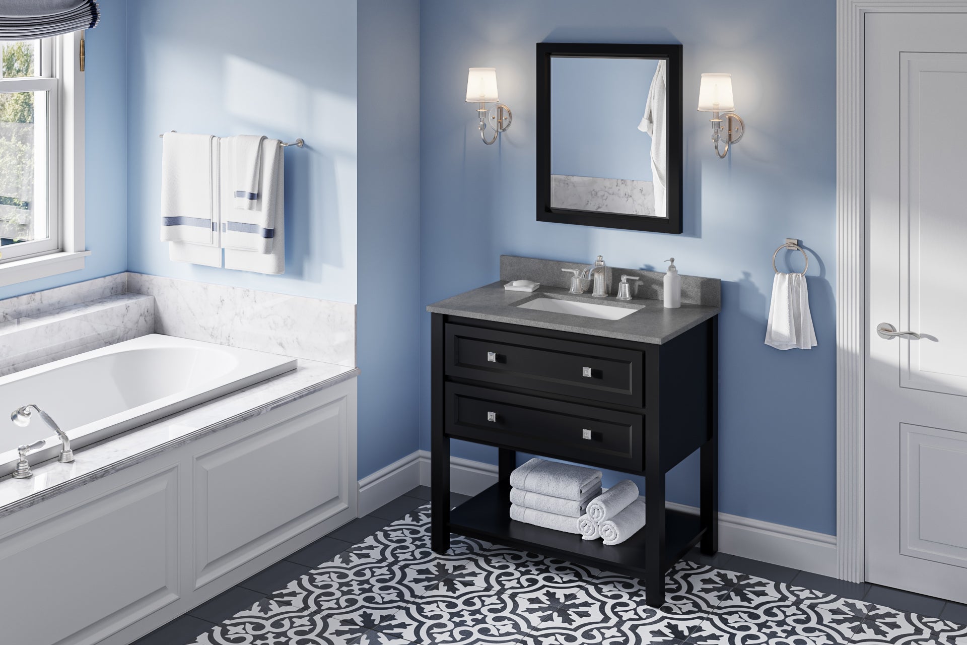 36" Black Adler Vanity, Steel Grey Cultured Marble Vanity Top, undermount rectangle bowl