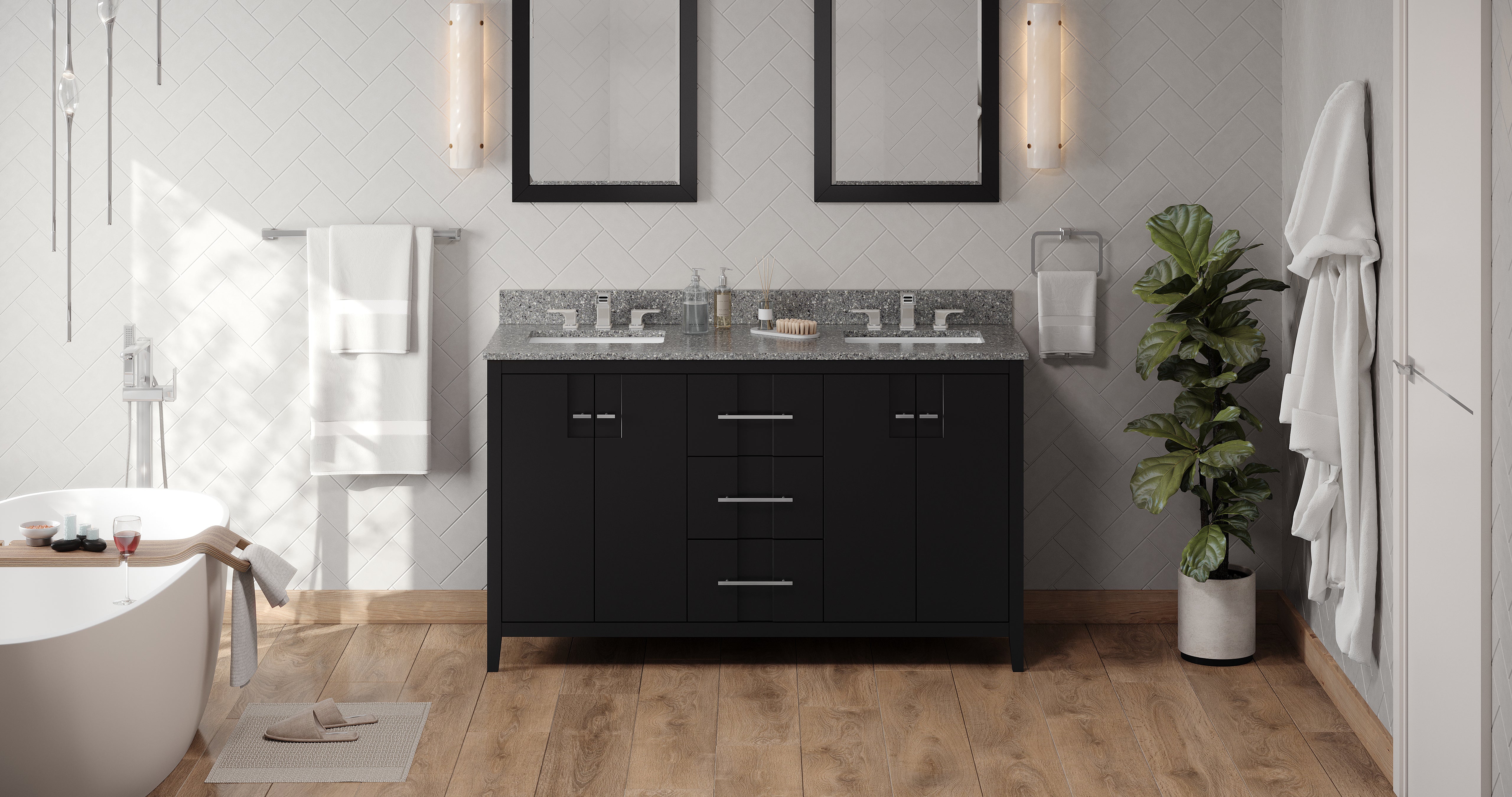 60" Black Katara Vanity, double bowl, Boulder Cultured Marble Vanity Top, two undermount rectangle bowls | KitchBath