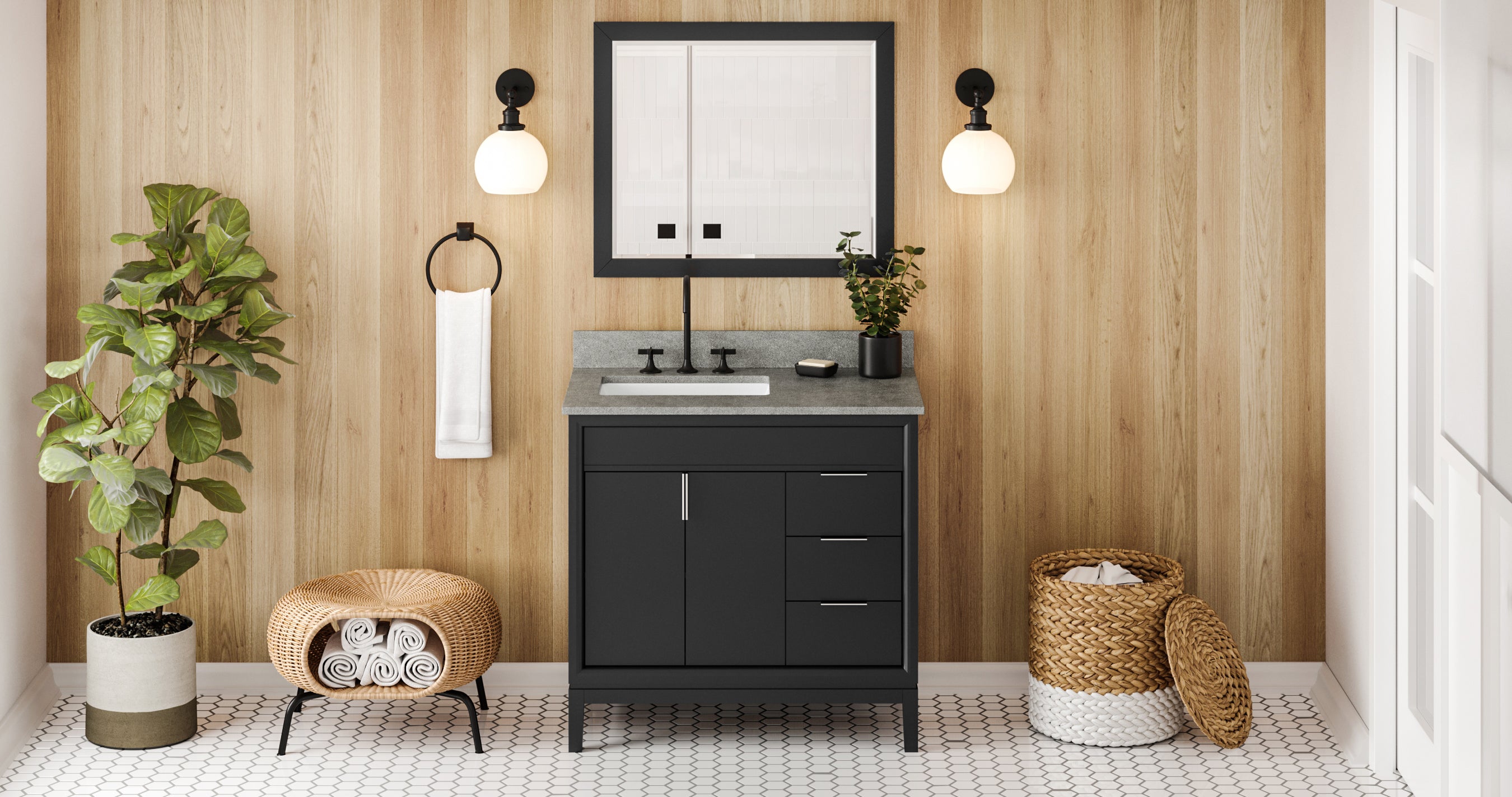 36" Black Theodora Vanity, left offset, Steel Grey Cultured Marble Vanity Top, undermount rectangle bowl | KitchBath