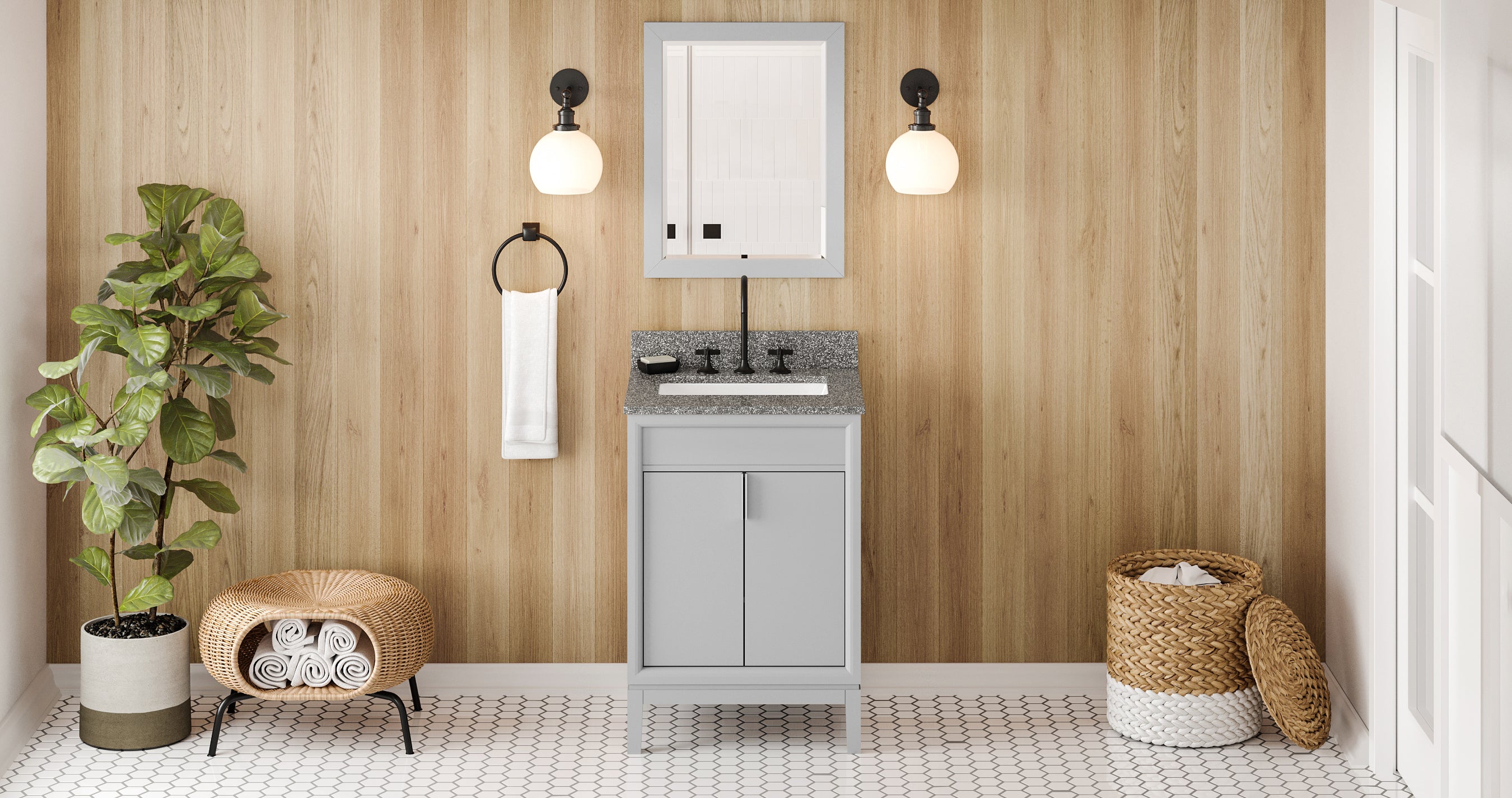 24" Grey Theodora Vanity, Boulder Cultured Marble Vanity Top, undermount rectangle bowl | KitchBath