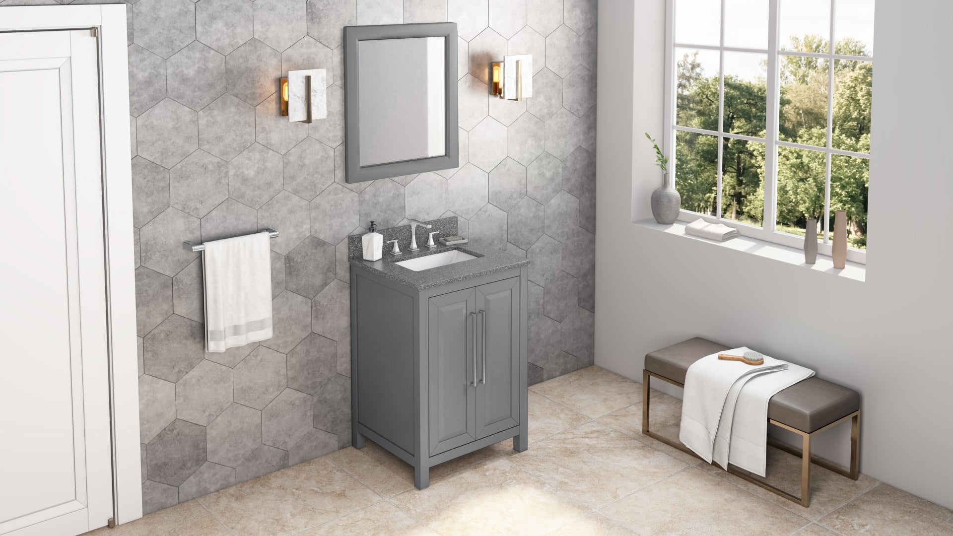 24" Grey Cade Vanity, Boulder Cultured Marble Vanity Top, undermount rectangle bowl